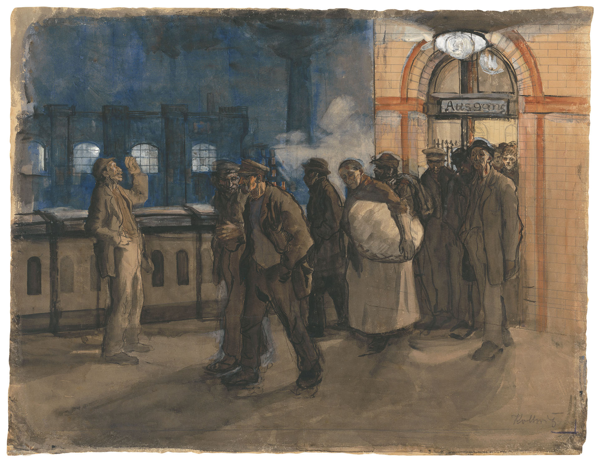 Käthe Kollwitz, Retour des ouvriers (gare Prenzlauer Allee), 1897-1899, pinceau et aquarelles, rehauts de blanc sur papier Ingres, NT 146