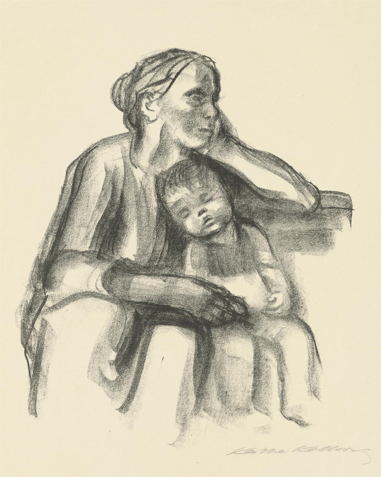 Käthe Kollwitz, Arbeiterfrau mit schlafendem Jungen, 1927, Kreidelithographie (Umdruck), Kn 234 I c