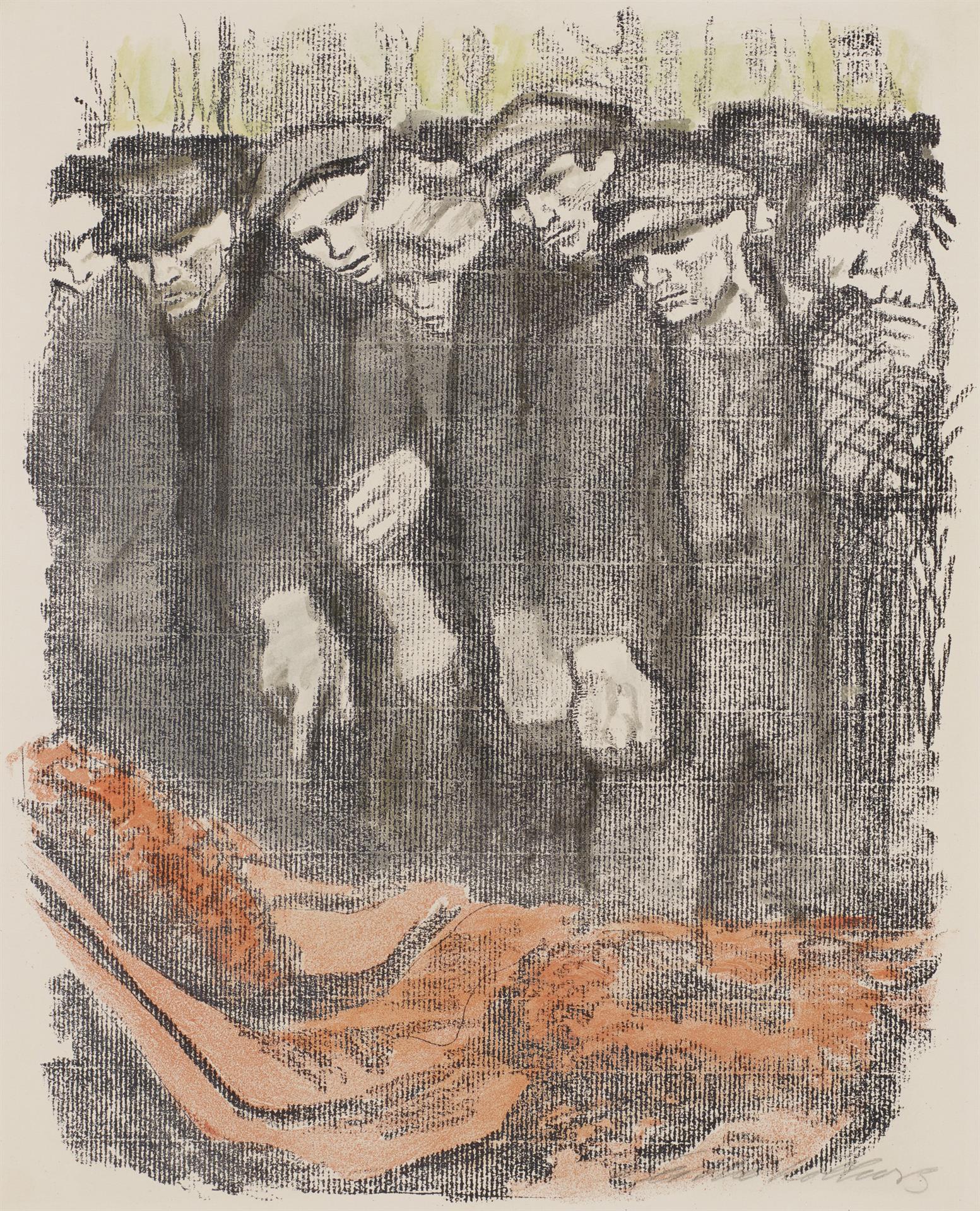 Käthe Kollwitz, Märzfriedhof, Zweite Fassung, 1913, Kreidelithographie in zwei Farben (Umdruck von einer unbekannten Zeichnung auf geripptem Bütten), Kn 128