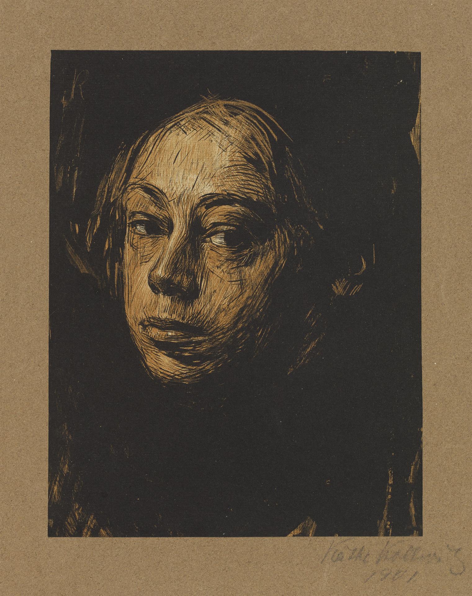 Käthe Kollwitz, Autoportrait de trois-quart gauche, 1901, lithographie au pinceau et à la plume en deux couleurs, grattoirs, Kn 52 I, Collection Kollwitz de Cologne © Käthe Kollwitz Museum Köln