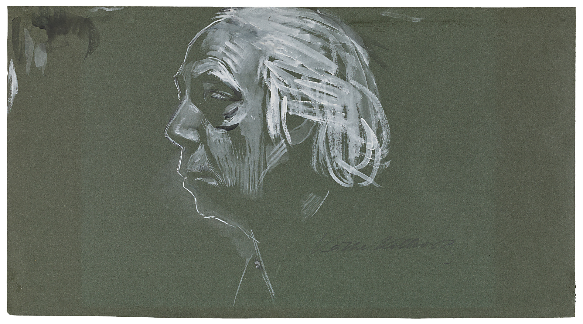 Käthe Kollwitz, Selbstbildnis im Profil nach links, 1924, Pinsel in Deckweiß, stellenweise schwarz laviert, auf dunkelgrünem Tonpapier, NT 1001