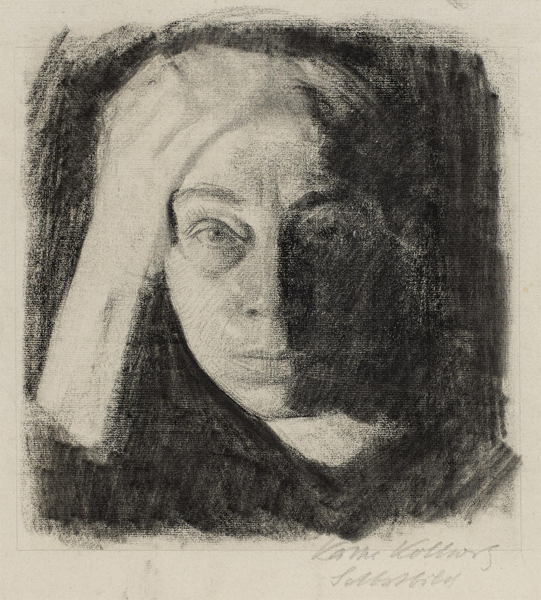 Käthe Kollwitz, Self-portrait en face, c 1910, charcoal on grey-blue Ingres paper, NT 688, Cologne Kollwitz Collection © Käthe Kollwitz Museum Köln