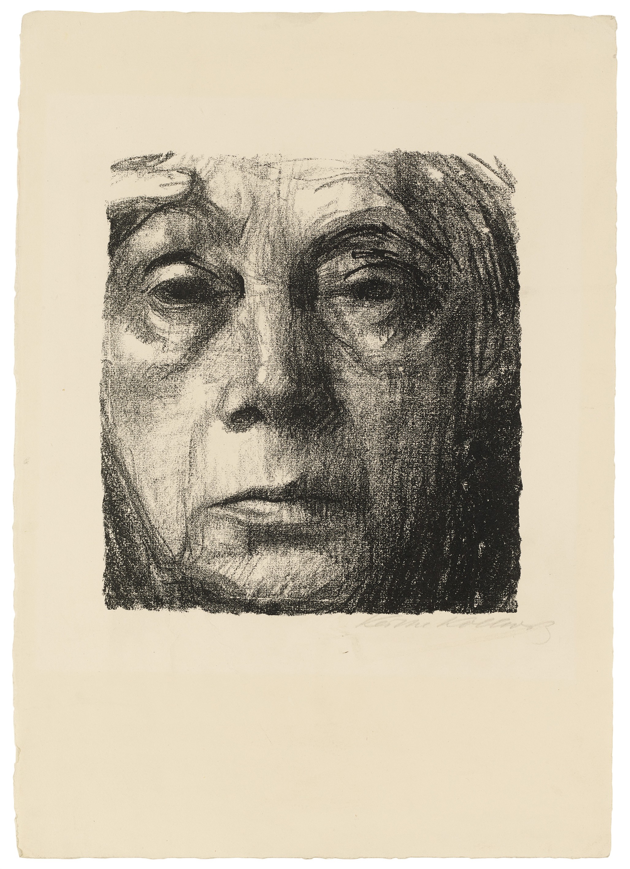 Käthe Kollwitz, Selbstbildnis, 1934, Kreide- und Pinsellithografie (Umdruck), 208 x 187 mm, Kn 263 b, Kollwitz Museum Köln, Inv. Nr. 70300/85054.