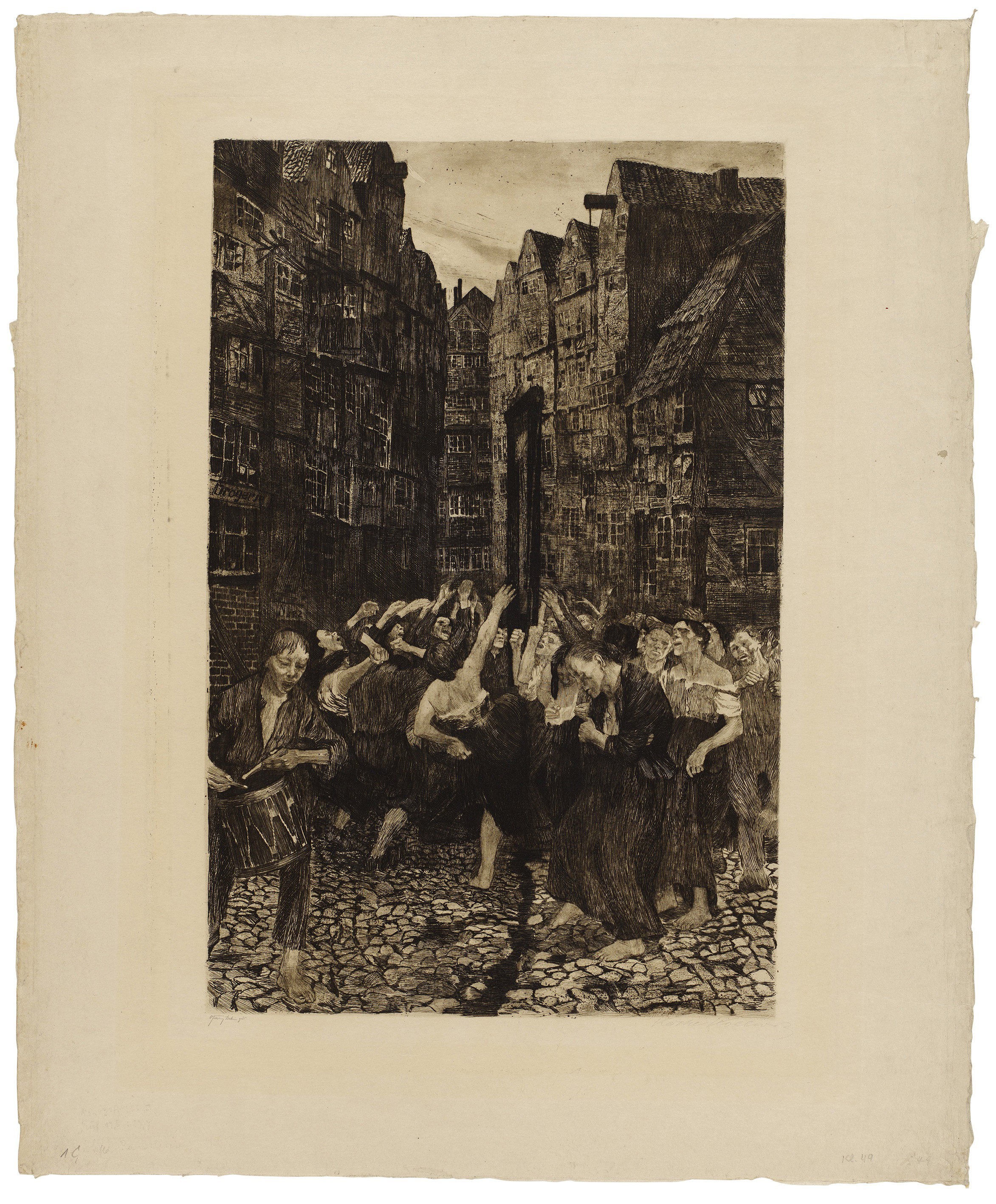 Käthe Kollwitz, Die Carmagnole, 1901, Strichätzung, Kaltnadel, Aquatinta bzw. Pinselätzung und Schmirgel, 588 x 412 mm, Kn 51 V b, Kollwitz Museum Köln, Inv. Nr. 70300/96010.
