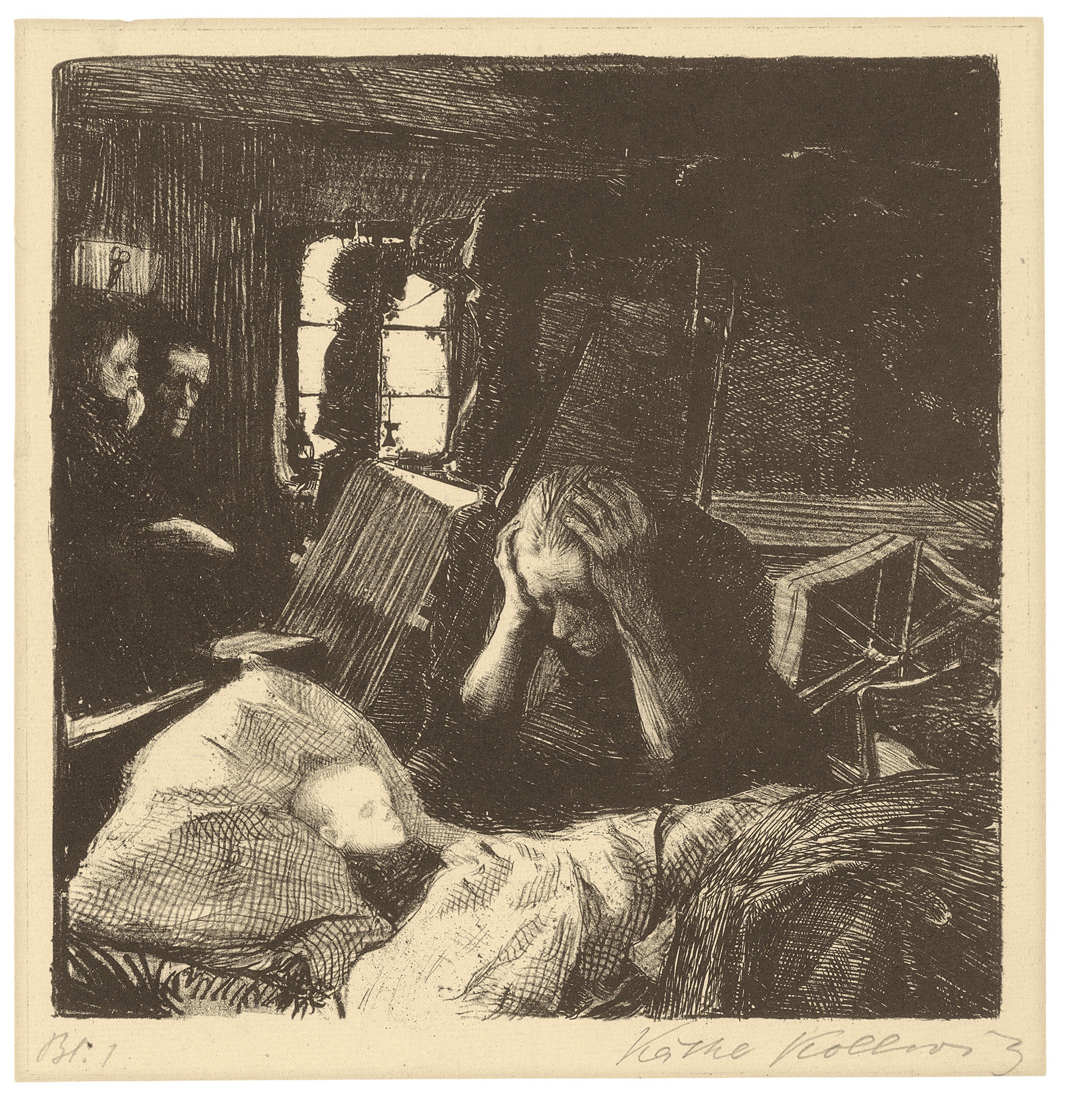 Käthe Kollwitz, Not, Blatt 1 aus dem Zyklus »Ein Weberaufstand«, 1893–97, Kreide- und Federlithografie, Schabeisen und Schabnadel, 154 x 153 mm, Kn 33 A III a, Kollwitz Museum Köln, Inv. Nr. 70300/84005.