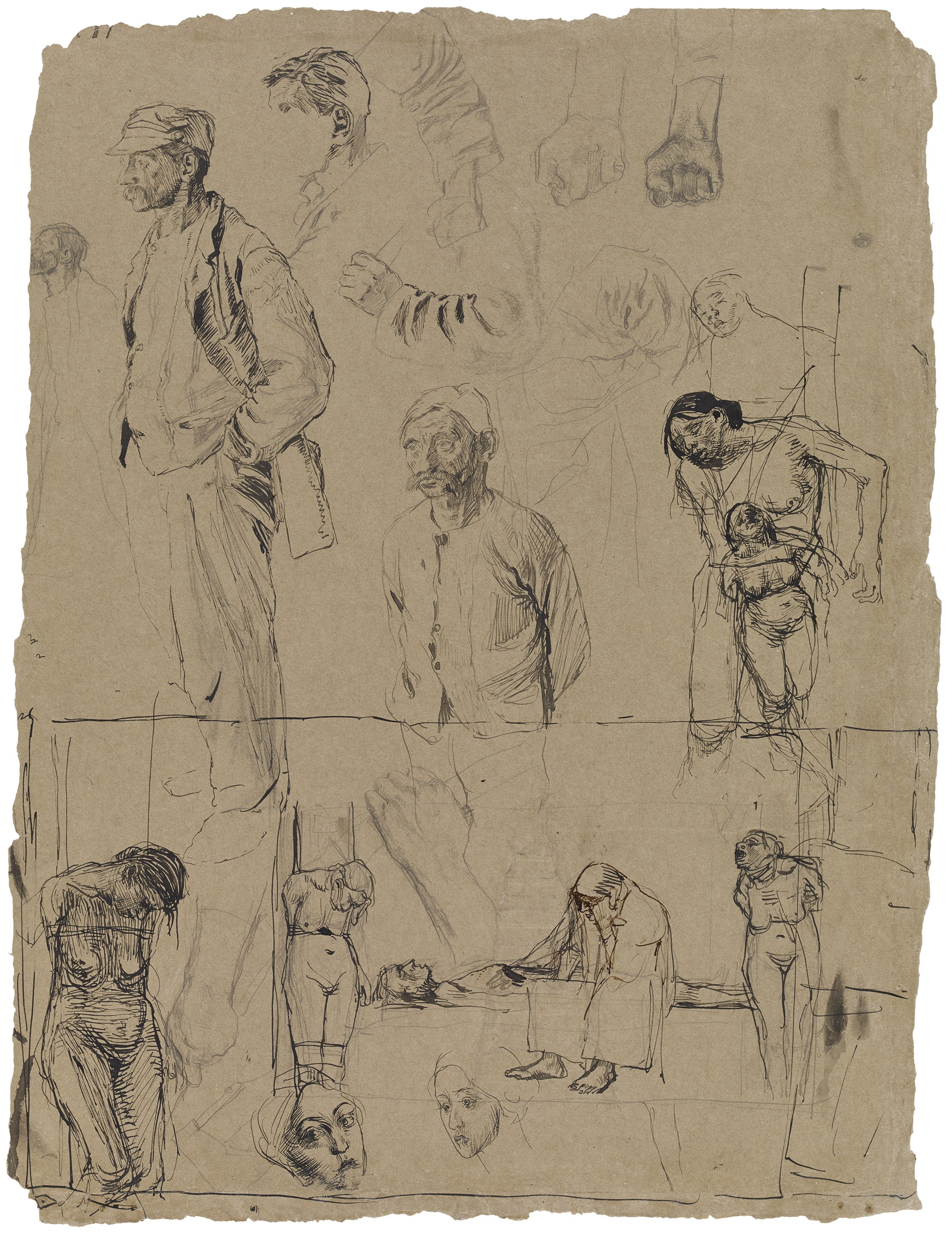 Käthe Kollwitz, Studienblatt mit Kopf-, Arm- und Handstudien im Zusammenhang mit der Radierung »Weberzug«, um 1896, Bleistift, Feder, laviert, auf braunem Karton, 505 x 388 mm, NT 123, Kollwitz Museum Köln, Inv. Nr. 70200/98011.