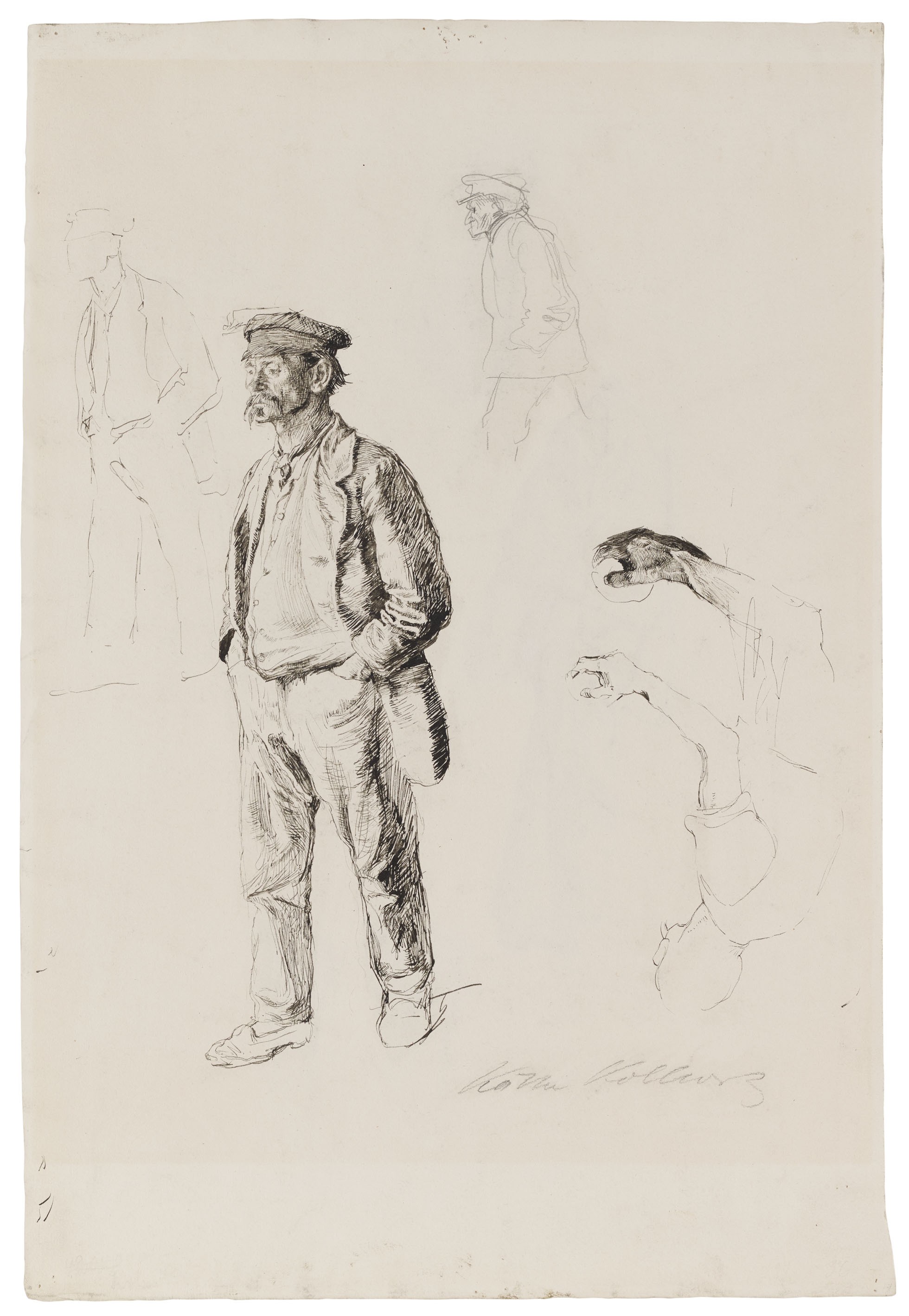 Käthe Kollwitz, Studienblatt mit stehendem Mann in ganzer Figur, 1896, Feder in Tusche, Bleistift, auf festem Velin, 506 x 343 mm, NT 128, Kollwitz Museum Köln, Inv. Nr. 70200/95018.