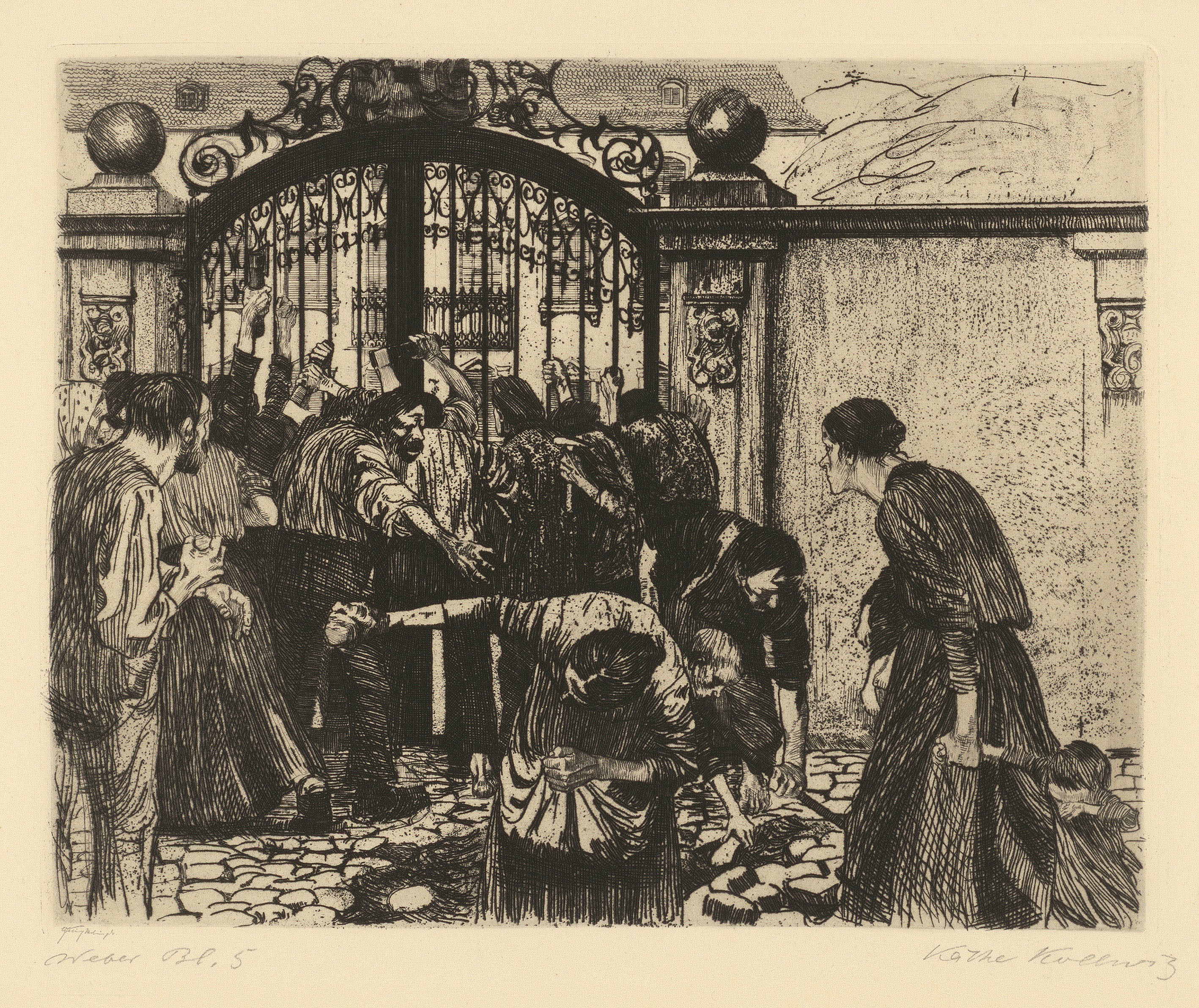 Käthe Kollwitz, Sturm, Blatt 5 aus dem Zyklus »Ein Weberaufstand«, 1893–97, Strichätzung und Schmirgel, 238 x 295 mm, Kn 37 II a, Kollwitz Museum Köln, Inv. Nr. 70300/84003.