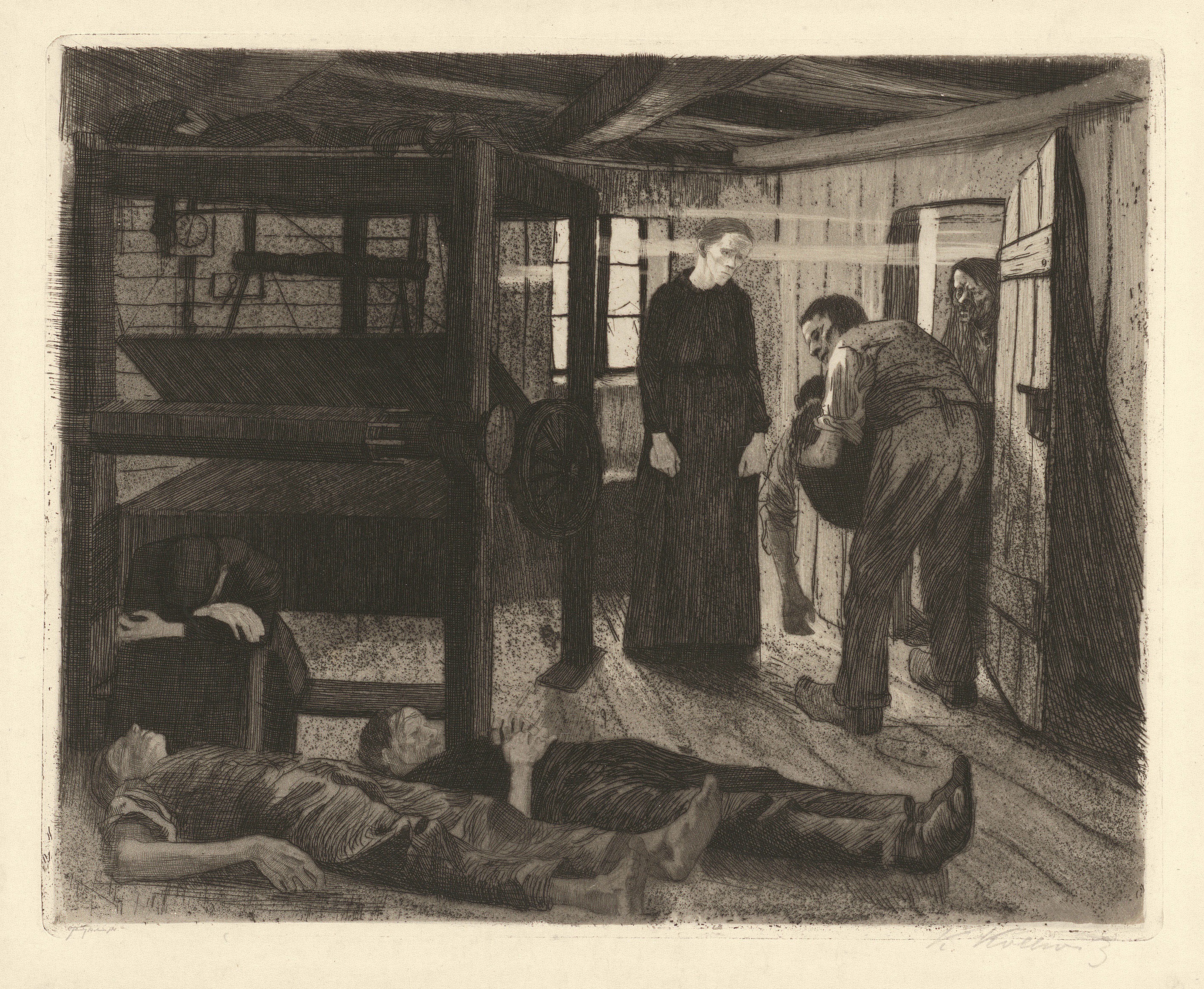 Käthe Kollwitz, Ende, Blatt 6 aus dem Zyklus »Ein Weberaufstand«, 1893–97, Strichätzung, Aquatinta, Schmirgel und Polierstahl, 247 x 307 mm, Kn 38 II a, Kollwitz Museum Köln, Inv. Nr. 70300/84008.