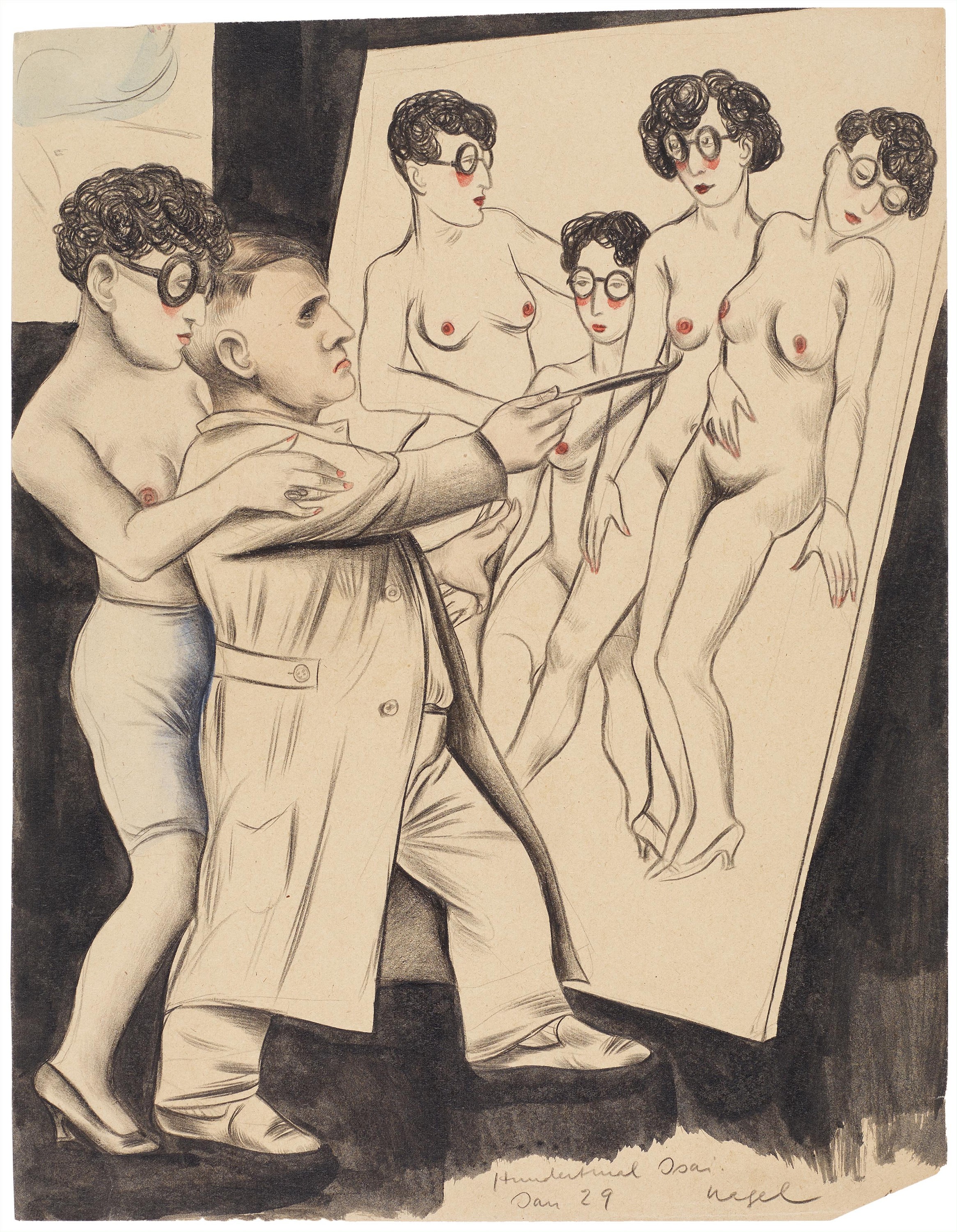 Hanna Nagel (1907–1975), Hundertmal Isai, 1929, Lithokreide, Tusche, laviert, Aquarell, 357 × 275 mm, Kunsthalle Mannheim, Schenkung Irene Fischer-Nagel © VG Bild-Kunst, Bonn 2026