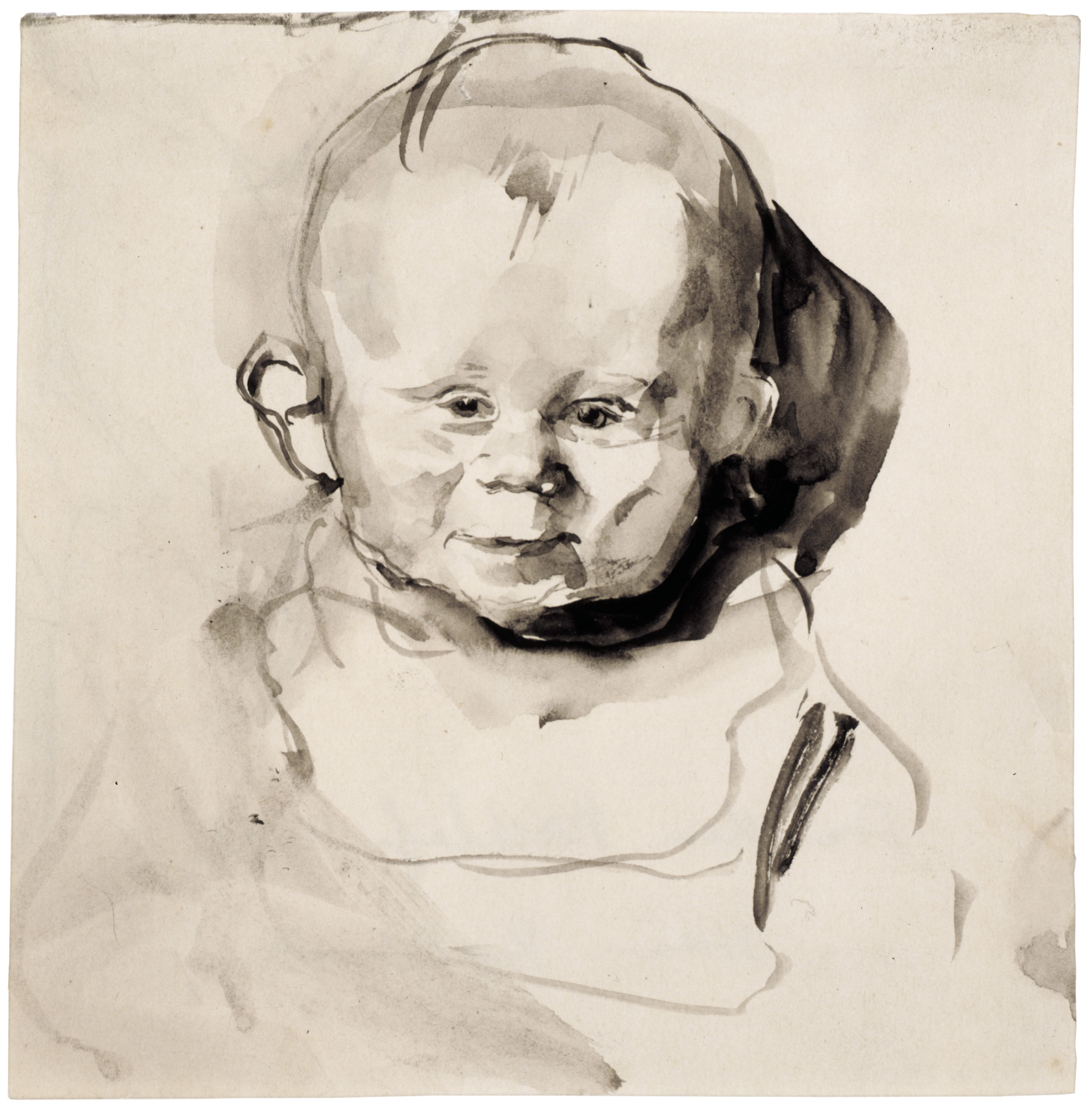 Käthe Kollwitz, Kinderkopf en face (Hans Kollwitz), 1893, Pinsel, in grauer Tusche laviert, auf glattem Papier, 117 x 116 mm, NT 72, Kollwitz Museum Köln, Inv. Nr. 70200/89013.