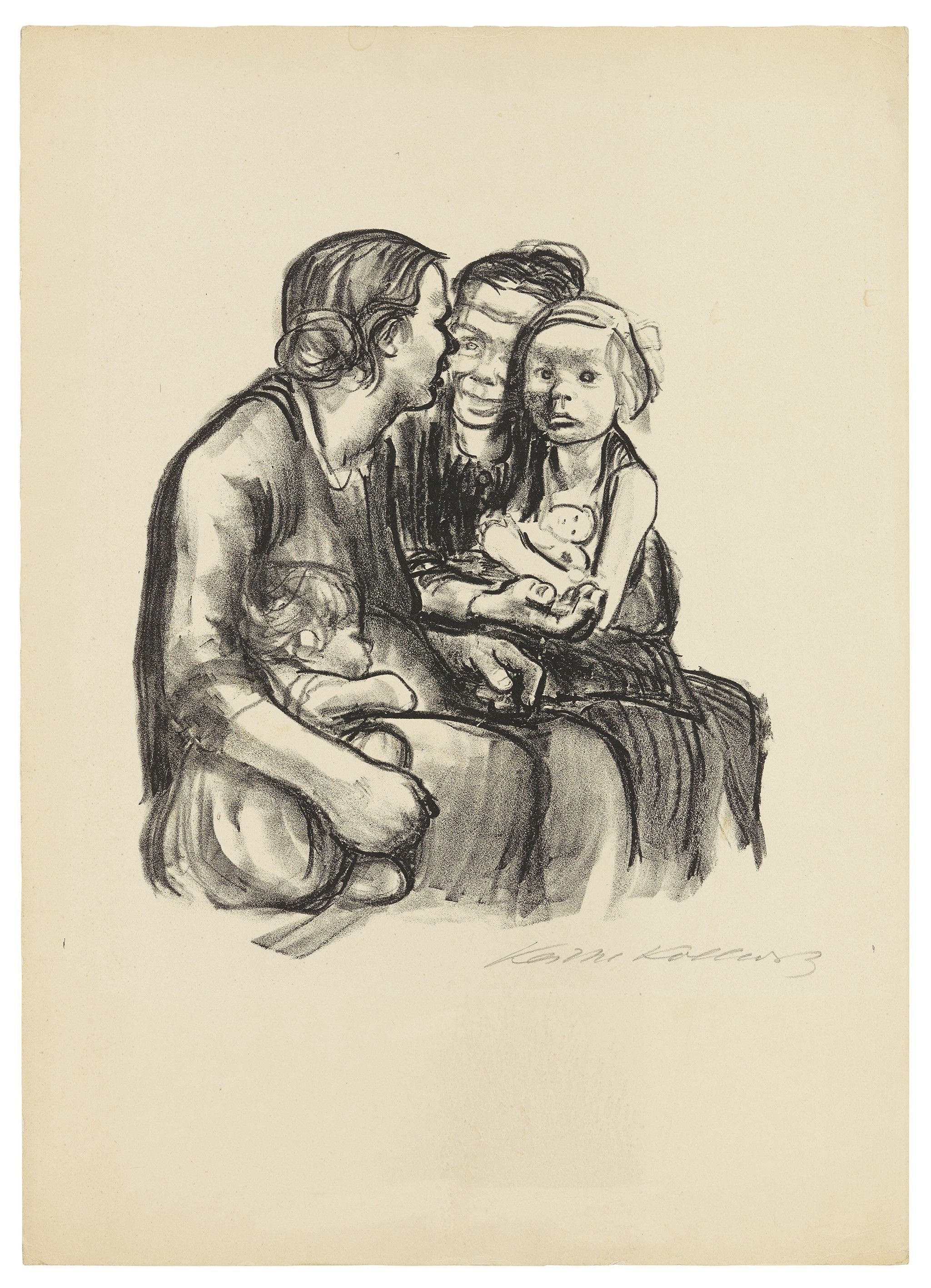 Käthe Kollwitz, Zwei schwatzende Frauen mit zwei Kindern, endgültige Fassung, 1930, Kreidelithografie (Umdruck), 298 x 260 mm, Kn 250 c, Kollwitz Museum Köln, Inv. Nr. 70300/84048.
