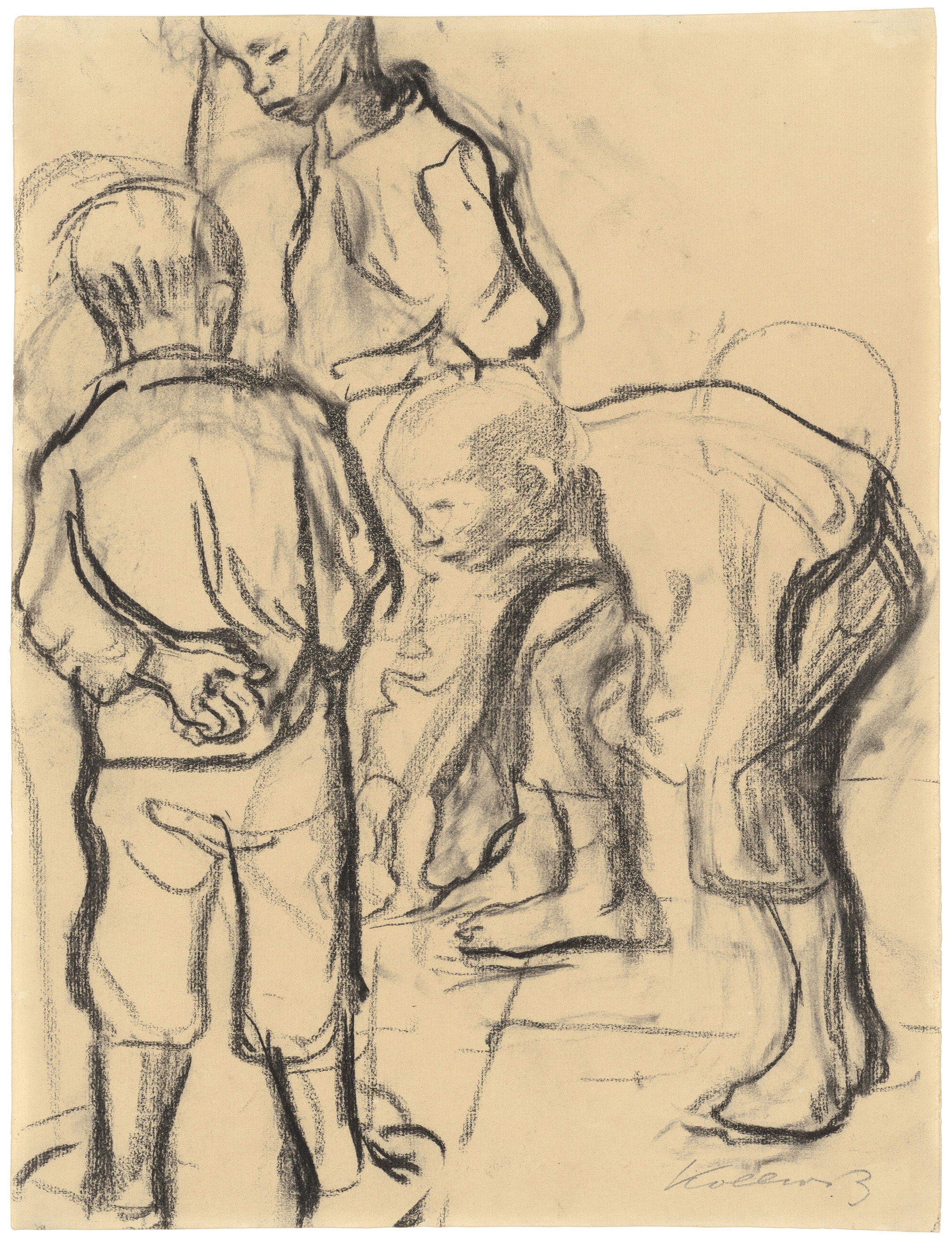 Käthe Kollwitz, Drei Knaben beim Murmelspiel, 1909/10, schwarze Kreide auf Bütten, 405 x 313 mm, NT 582, Kollwitz Museum Köln, Inv. Nr. 70200/00006.