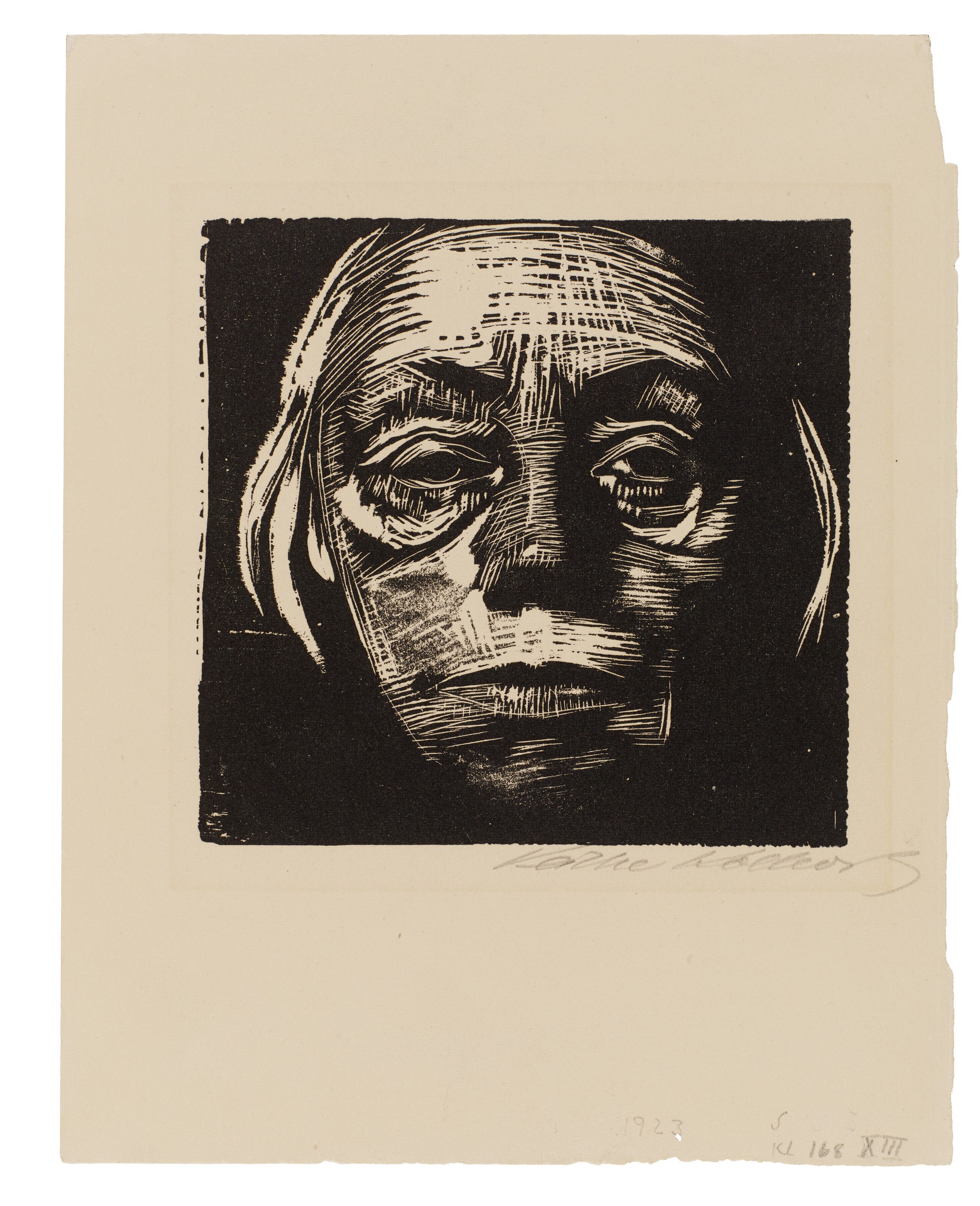 Käthe Kollwitz, Frontal Self-Portrait, 1922/23, Woodcut, 151 x 156 mm, Kn 193 XIV b, Kollwitz Museum Köln, Inv. Nr. 70300/84032.