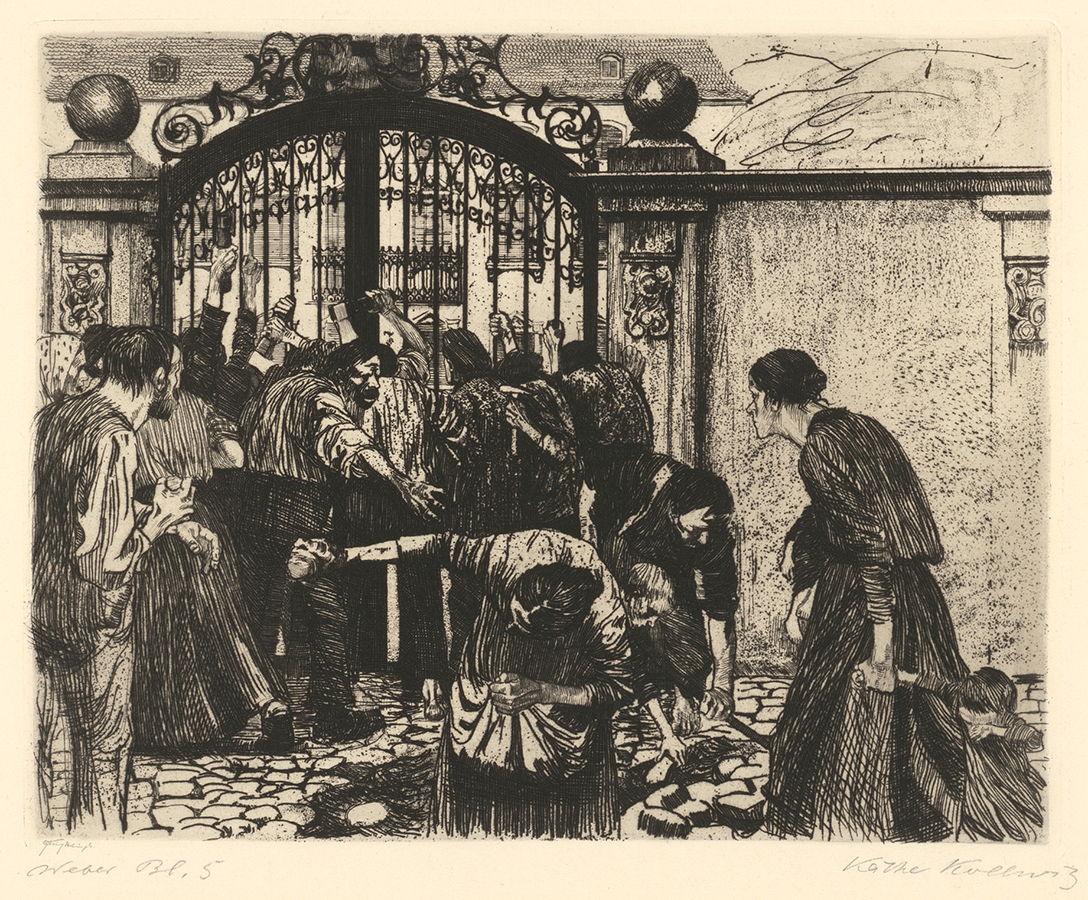 Käthe Kollwitz, Storming the Gate – Attack, sheet 5 cycle »The Weavers’ Revolt«, 1893–97, line etching and sandpaper, 238 x 295 mm, Kn 37 II a, Kollwitz Museum Köln, Inv. No. 70300/84003.