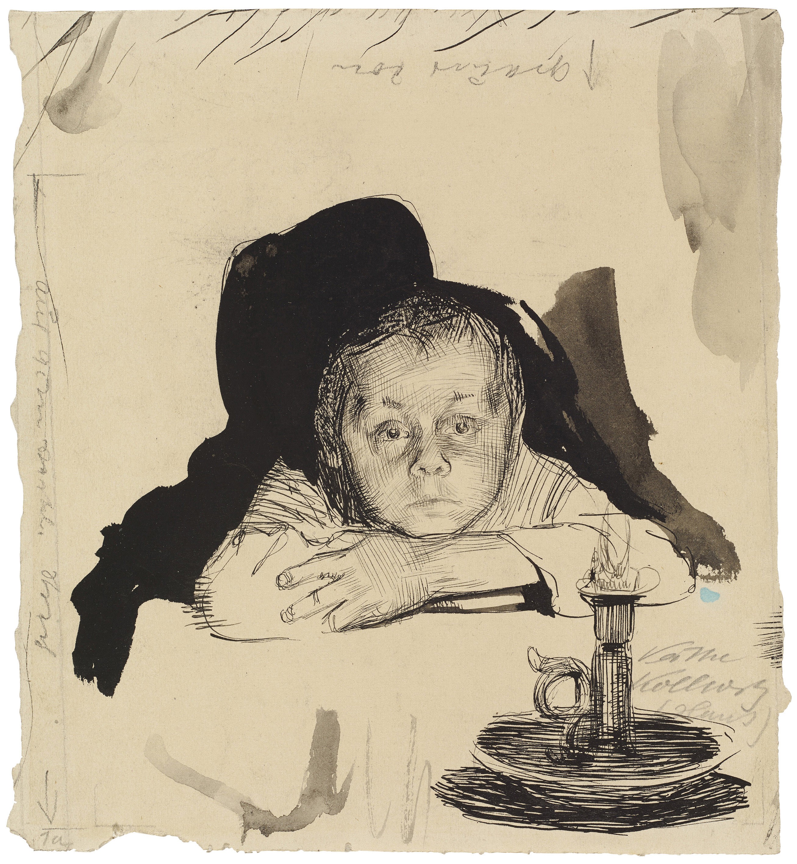 Käthe Kollwitz, Hans Kollwitz with a candle, 1895, Pen, brush and black ink on yellowish paper, 192 x 174 mm, NT 115, Kollwitz Museum Köln, Inv. No. 70200/91002.