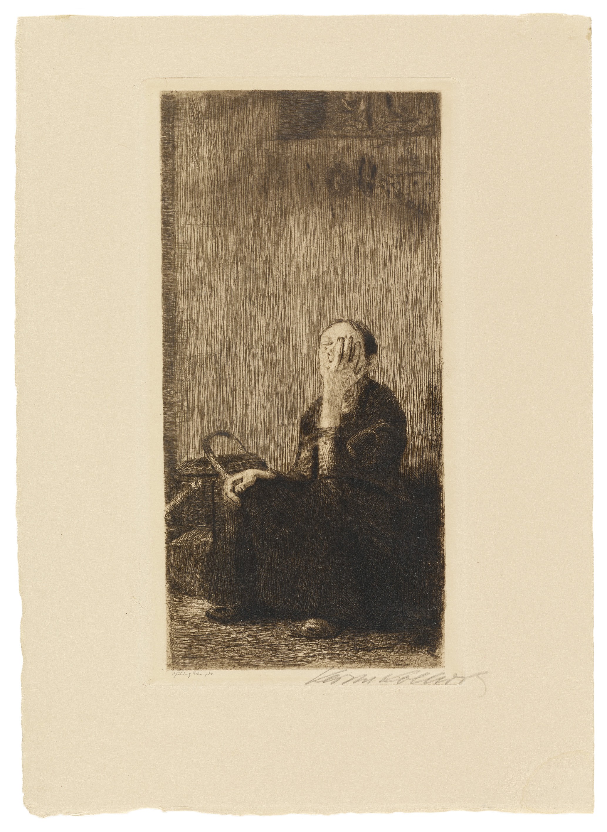 Käthe Kollwitz, At the Church Wall, 1893, etching, drypoint and brush etching, Kn 17 VI a, 250 x 133 mm, Kollwitz Museum Köln, Inv. Nr. 70300/86006.
