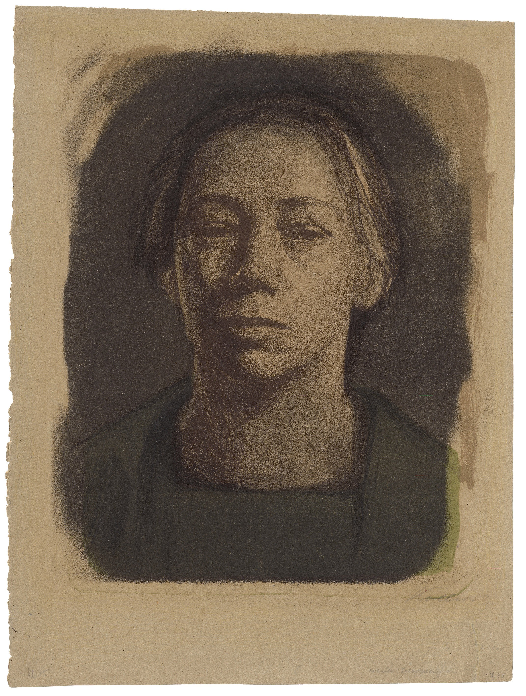 Käthe Kollwitz, Self-Portrait en face, 1904 ?, crayon and brush lithograph from the drawing stone in dark brown, the clay stone for the face frame in black, the clay stone for the dress in lime green and the ochre-colored clay stone, 440 x 334 mm, Kn 85 II A, Kollwitz Museum Köln, Inv. Nr. 70300/05006.