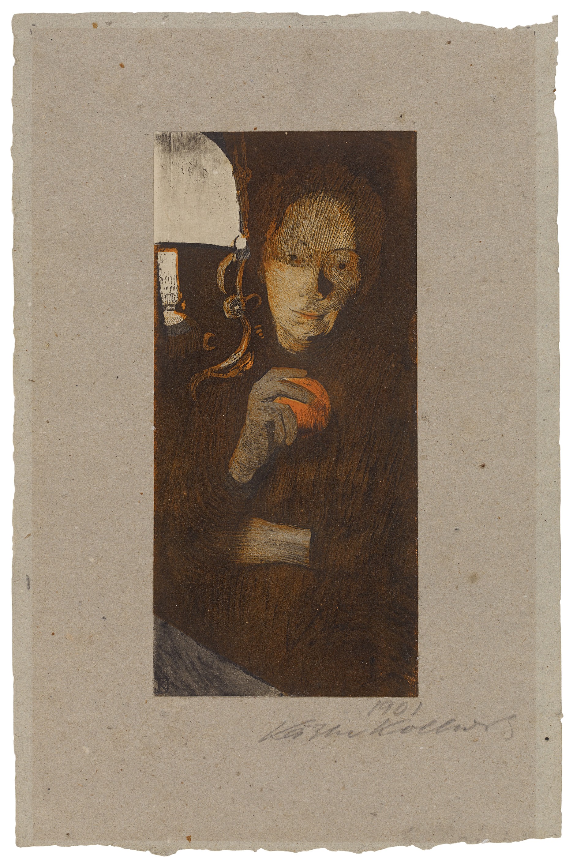 Käthe Kollwitz, Woman with Orange, 1901, combined etching (aquatint, reservage and drypoint) and brush lithograph with colouring stone in two colours, edited with charcoal, 131 x 112 mm, Kn 56 II 2, Kollwitz Museum Köln, Inv. No. 70300/97001.