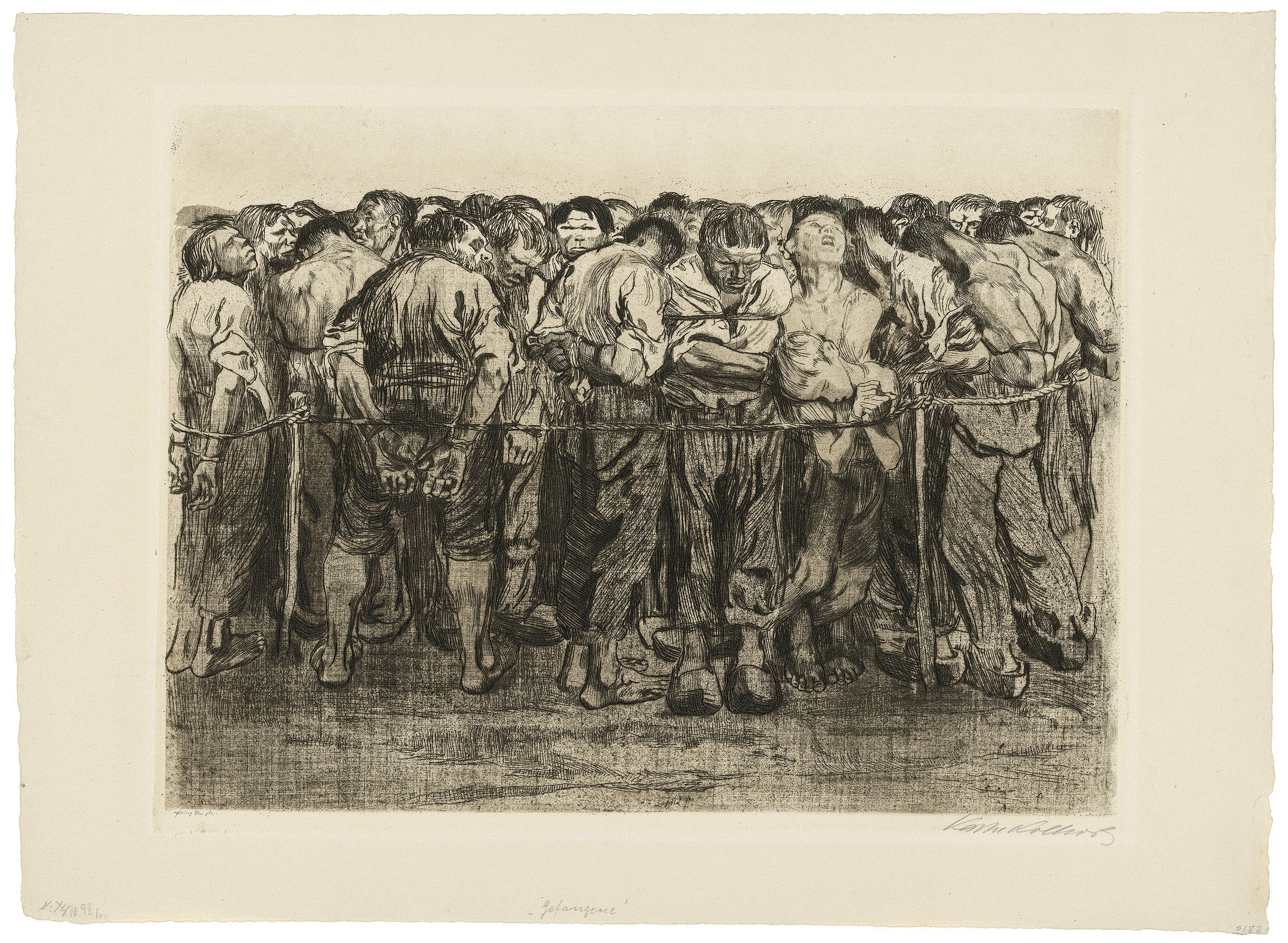 Käthe Kollwitz, The Prisoners, sheet 7 of the cycle »Peasants‘ War«, 1908, line etching, drypoint, sandpaper and soft with the imprint of fabric and Ziegler's transfer paper, 327 x 428 mm, Kn 102 IX a, Kollwitz Museum Köln, Inv. No. 70300/94005. 
