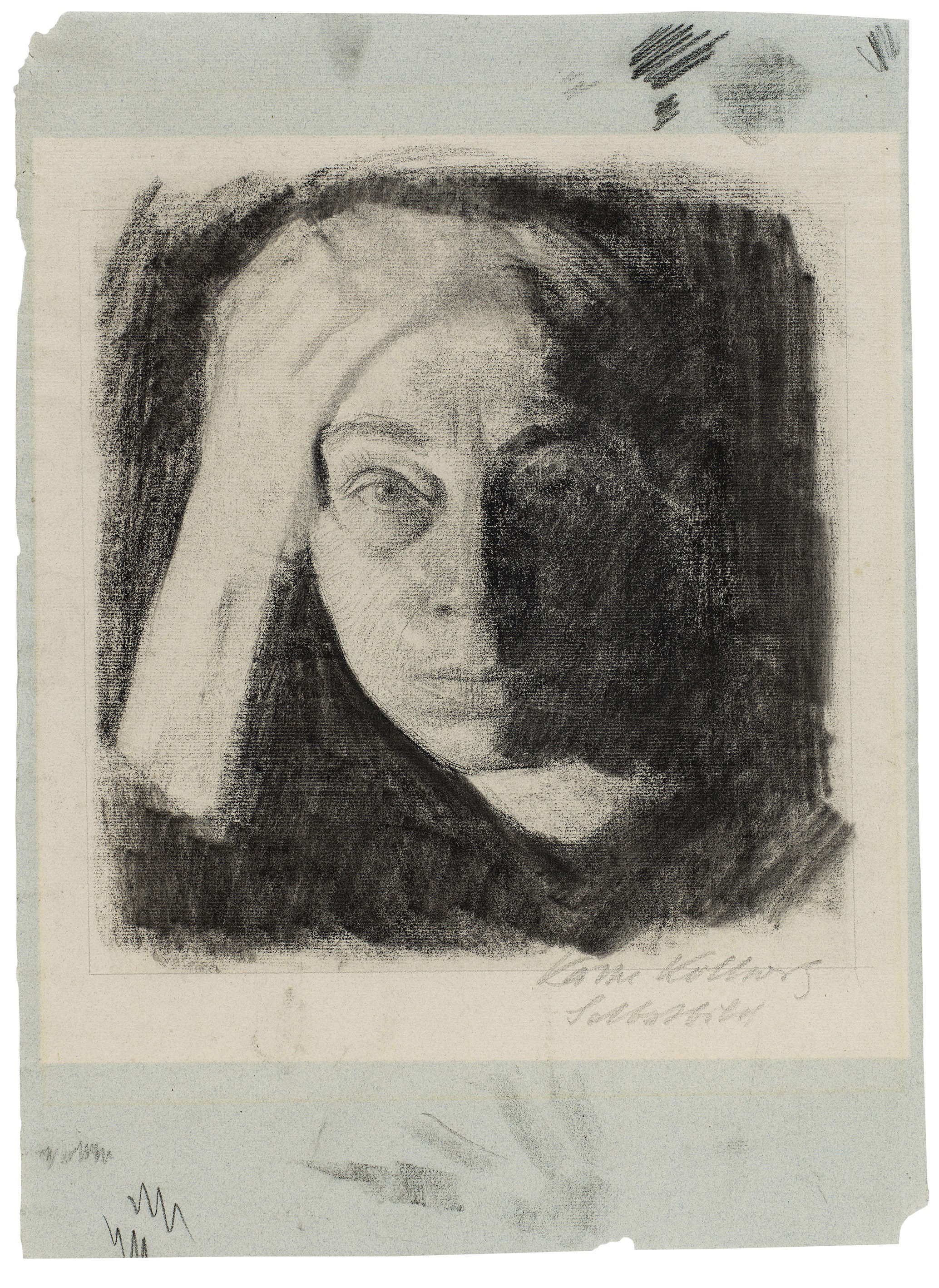 Käthe Kollwitz, Self-Portrait en face, c. 1910, charcoal on greenblue Ingres laid paper, 427 x 310 mm, NT 688, Kollwitz Museum Köln, Inv. No. 70200/95016.