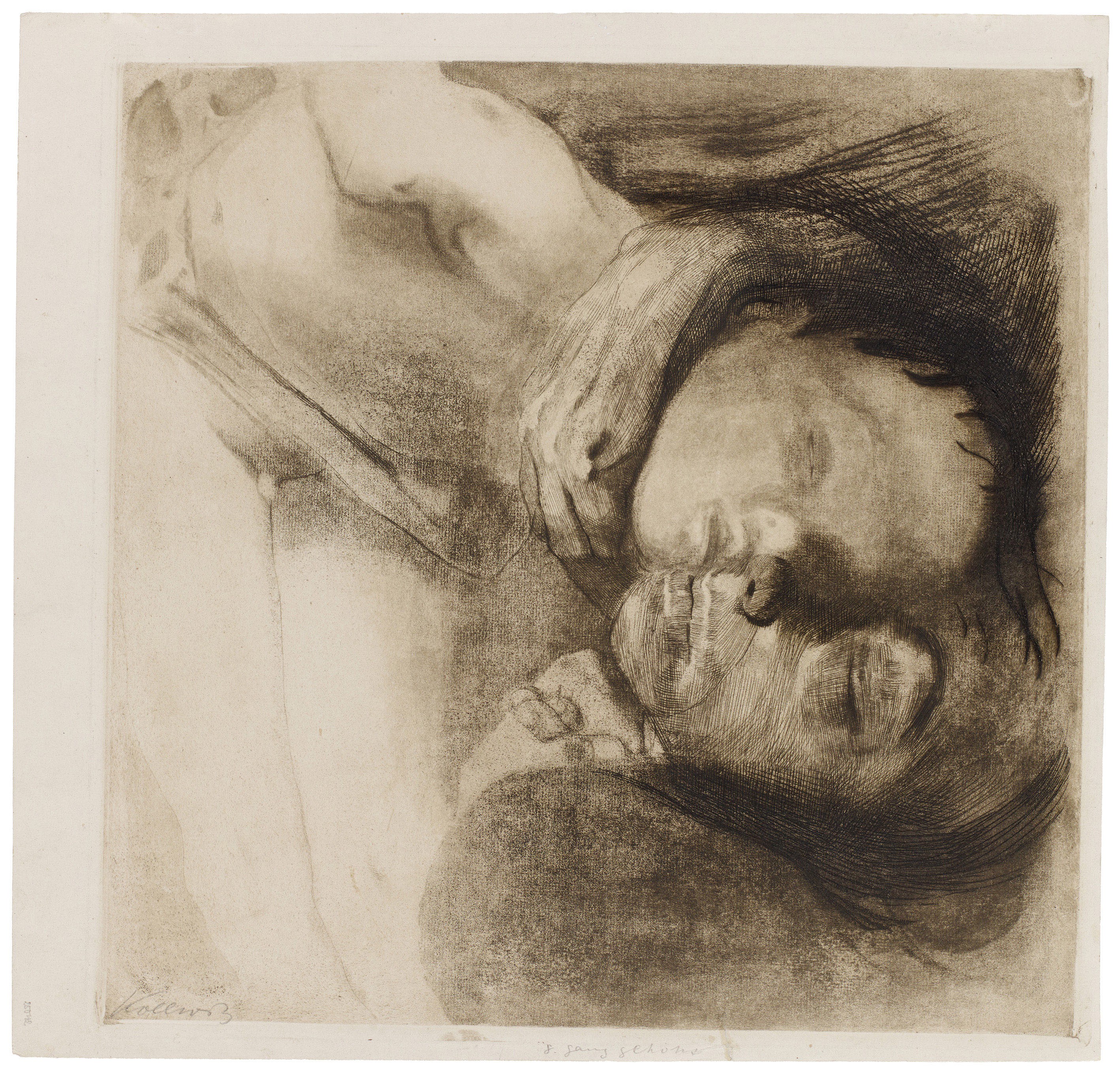 Käthe Kollwitz, Tod, Frau und Kind, 1910, line etching, drypoint, sandpaper and soft ground with the imprinting of ribbed laid paper and Ziegler's transfer paper, 430 x 445 mm, Kn 108 VIII, Kollwitz Museum Köln, Inv. No. 70300/03007.