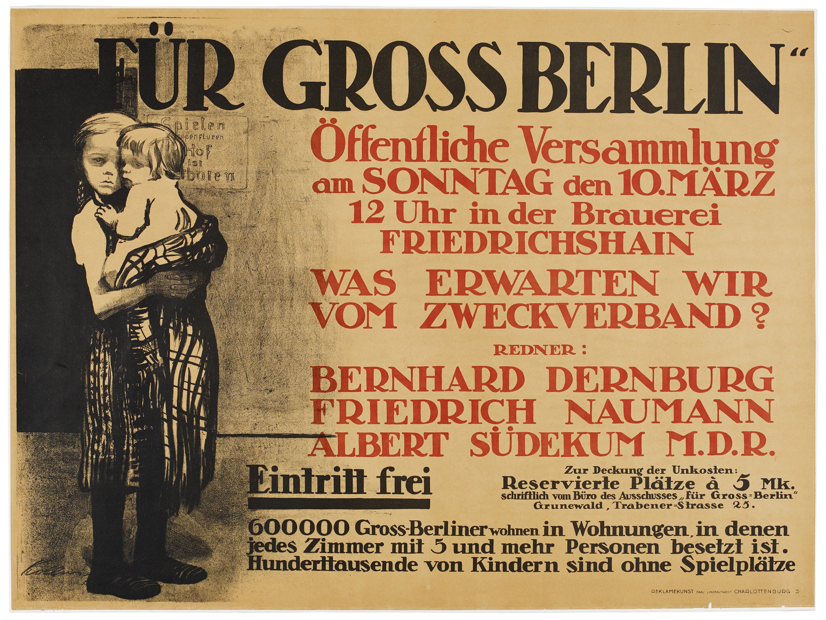 Käthe Kollwitz, Poster »For Greater Berlin«, 1912, crayon and brush lithograph (transfer) 690 x 950 mm, Kn 122 II, Kollwitz Museum Köln, Inv. No. 70300/90007.