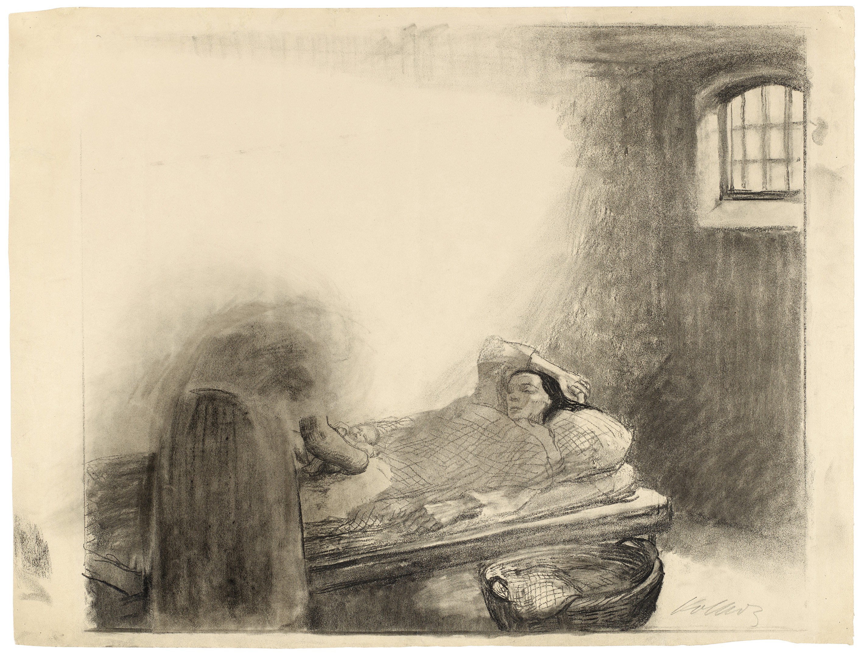 Käthe Kollwitz, Childbirth in a Women’s Prison, 1912, black crayon, stumped, on drawing paper , 536 x 704 mm, NT 697, Kollwitz Museum Köln, Inv. No. 70200/96015.