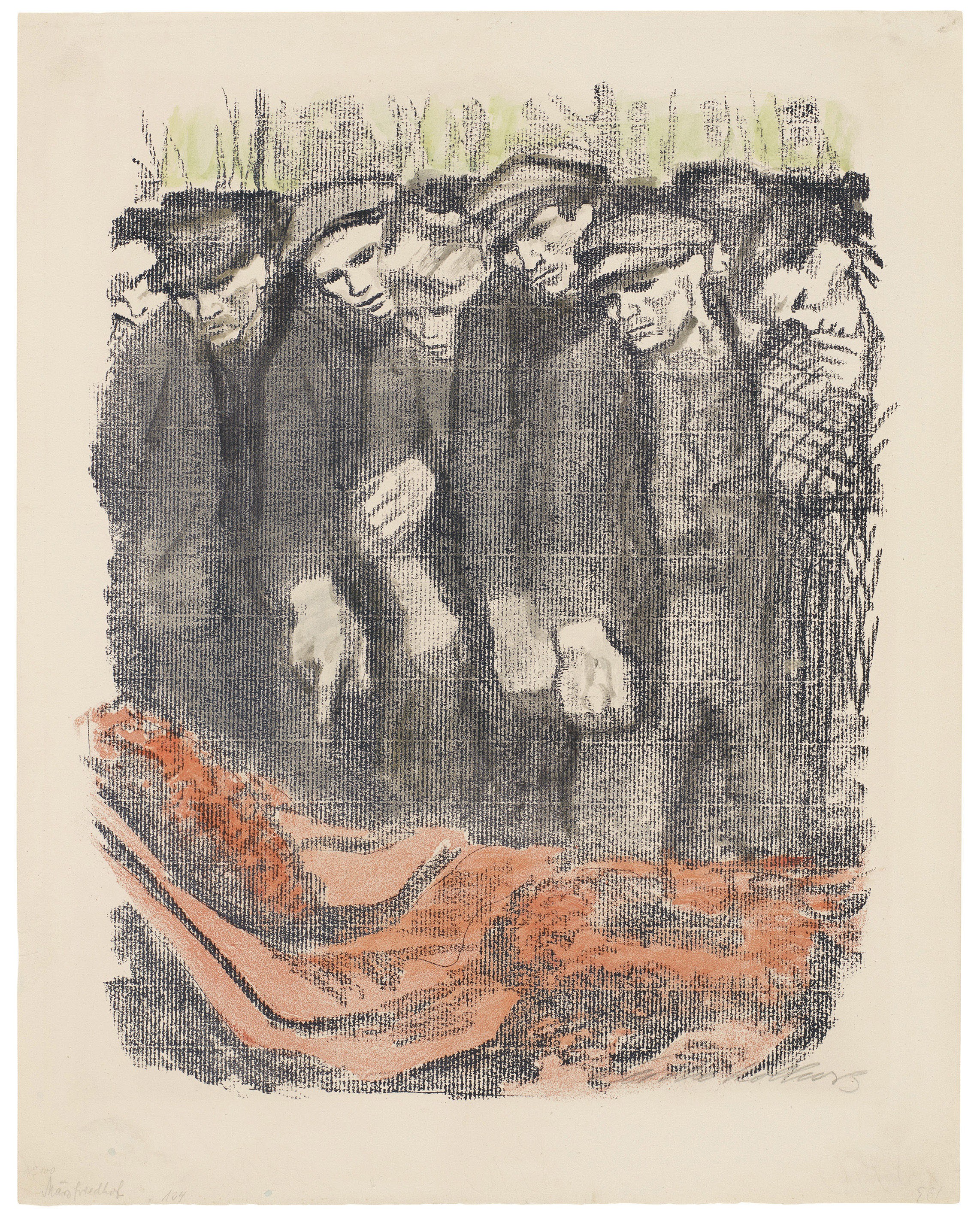 Käthe Kollwitz, March Cemetery, second version, 1913, crayon lithograph in two colors (transfer), reworked with red and green watercolour, 455 x 370 mm, Kn 128, Kollwitz Museum Köln, Inv. No. 70300/04011.