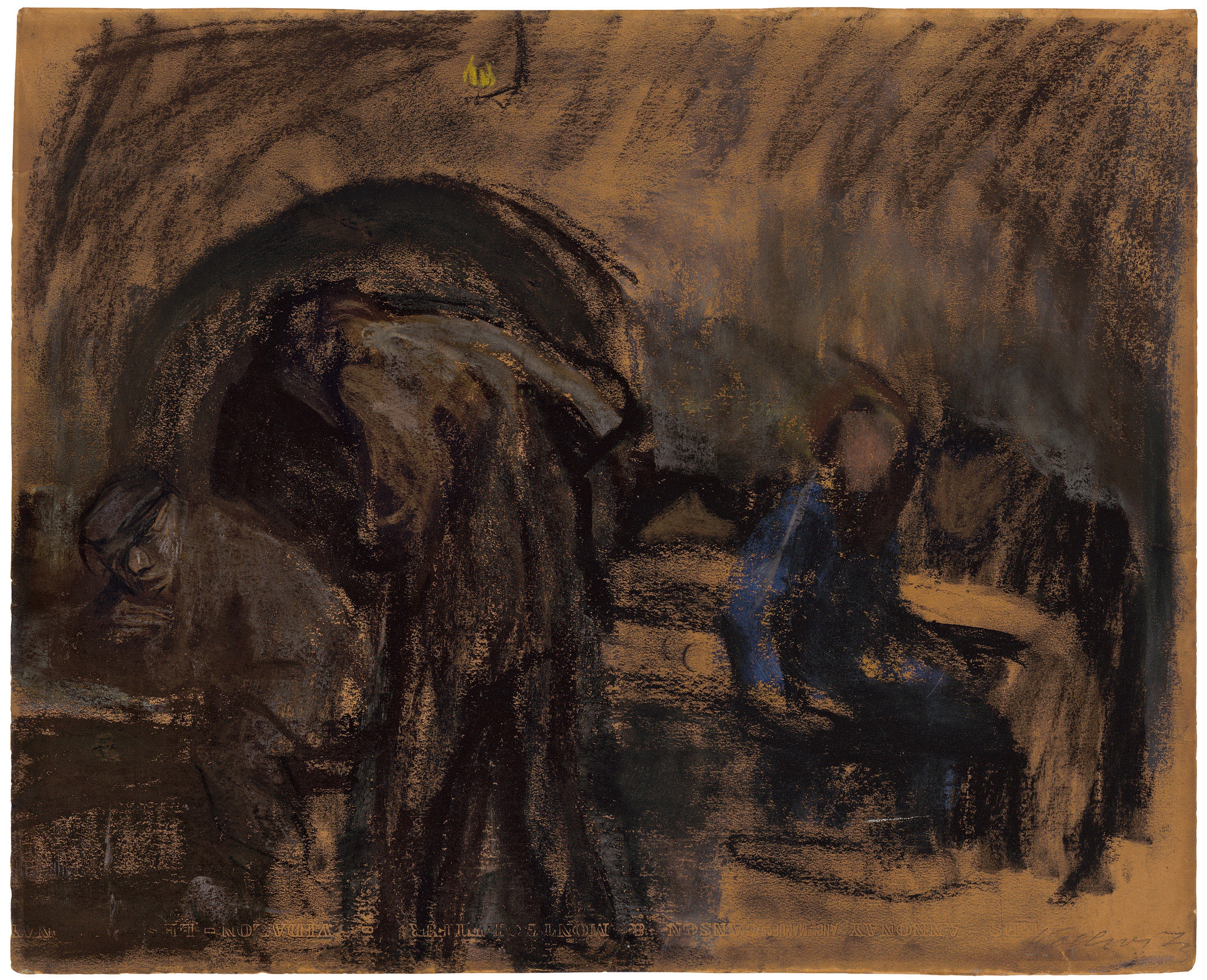 Käthe Kollwitz, Parisian Cellar Tavern, 1904, coloured chalk (black, light grey, brown, rust-coloured, ochre, blue, yellow and flesh-coloured) on ochre-coloured Canson drawing cardboard, 468 x 578 mm, NT (277a), Kollwitz Museum Köln, Inv. No. 70200/10001.