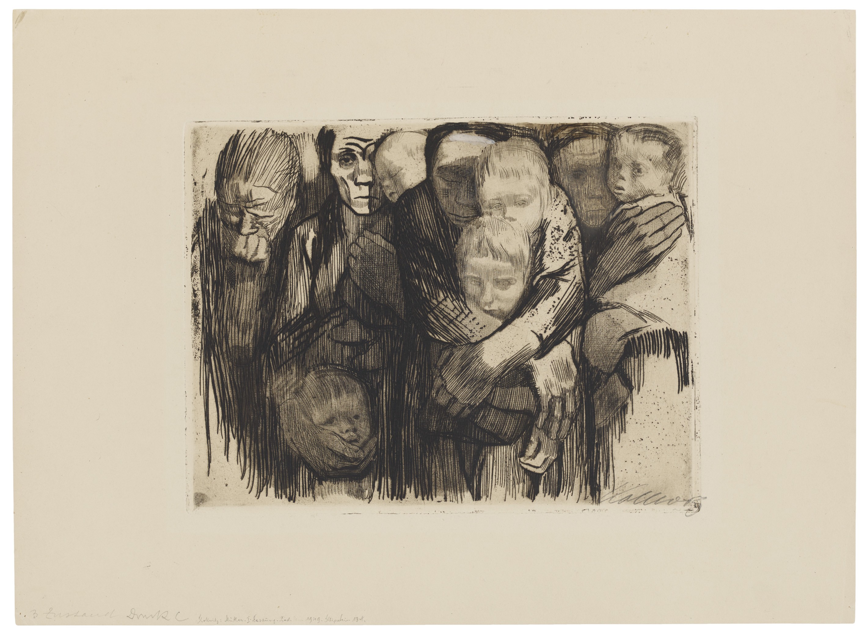 Käthe Kollwitz, Mothers, rejected first version of sheet 6 in the series »War«, 1918, line etching, sandpaper, soft ground with the imprint of laid paper, and needle bundle, 245 x 320 mm, Kn 137 III, Kollwitz Museum Köln, Inv. No. 70300/03011.