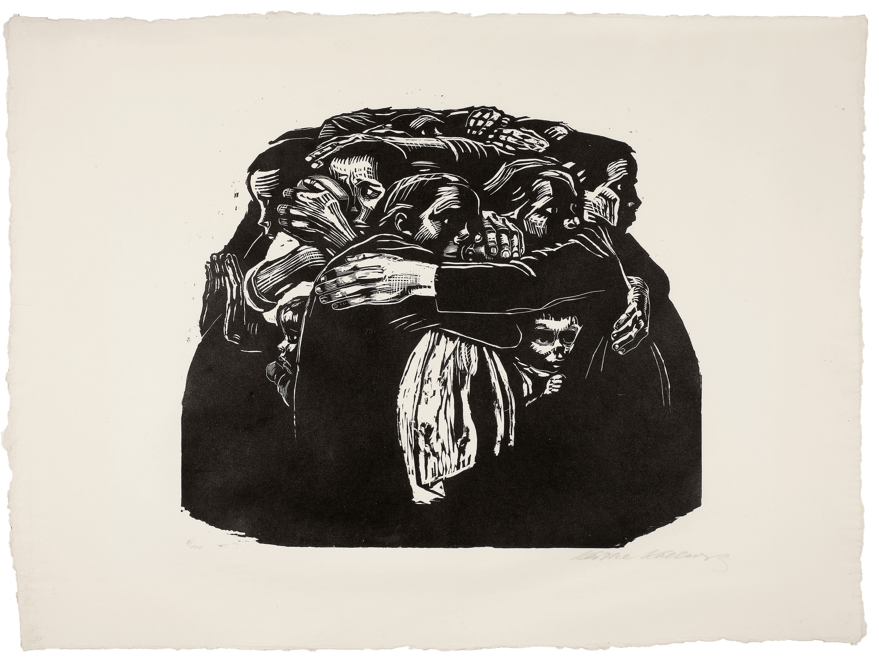 Käthe Kollwitz, The Mothers, sheet 6 series »War«, 1921/22, Woodcut, 340 x 400 mm, Kn 176 VII b, Kollwitz Museum Köln, Inv. No. 70300/92016.