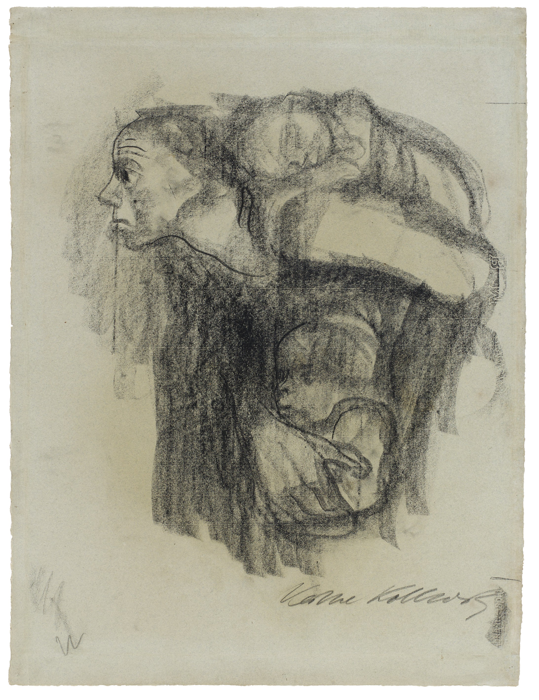 Käthe Kollwitz, Mother with Child on her Back, 1925, charcoal on grayish green Ingres laid paper, 628 x 478 mm, NT 1018, Kollwitz Museum Köln, Inv No. 70200/02002.