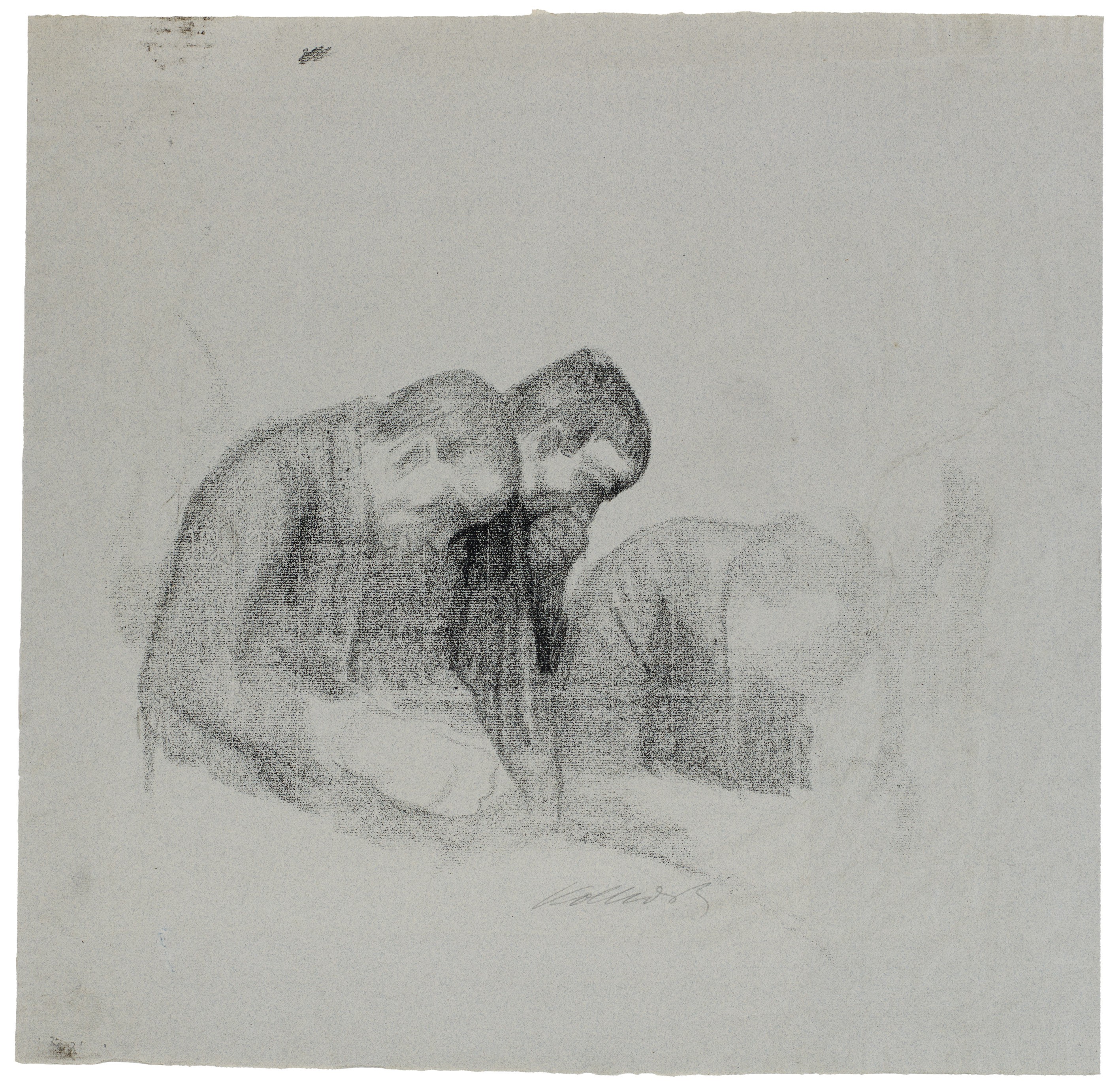 Käthe Kollwitz, Three Men Bending Down, study for the Memorial Sheet for Karl Liebknecht, 1919, black chalk on blue Ingres laid paper, 474 × 620 mm, NT 784, Kollwitz Museum Köln, Inv. No. 70200/83027.