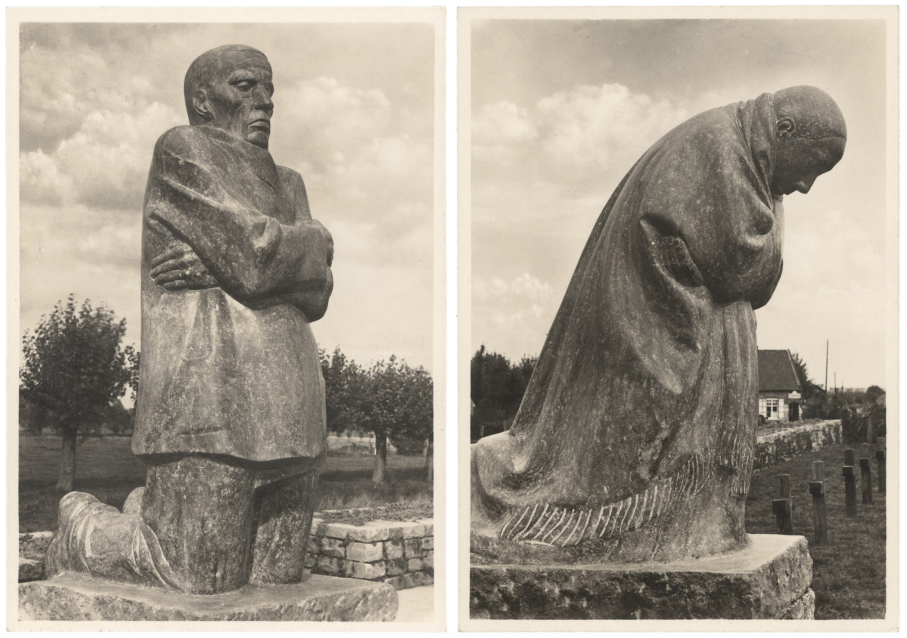 Historic black-and-white postcard reproductions showing Grieving Parents by Käthe Kollwitz at their original location in the military cemetery of Roggevelde near Diksmuide, Belgium. Two separate stone sculptures are shown: on the left, a kneeling father with arms tightly crossed over his chest and an upright, grief-stricken expression; on the right, a deeply bowed mother wrapped in a long garment with her head lowered in mourning. The stark forms convey sorrow, loss, and remembrance.