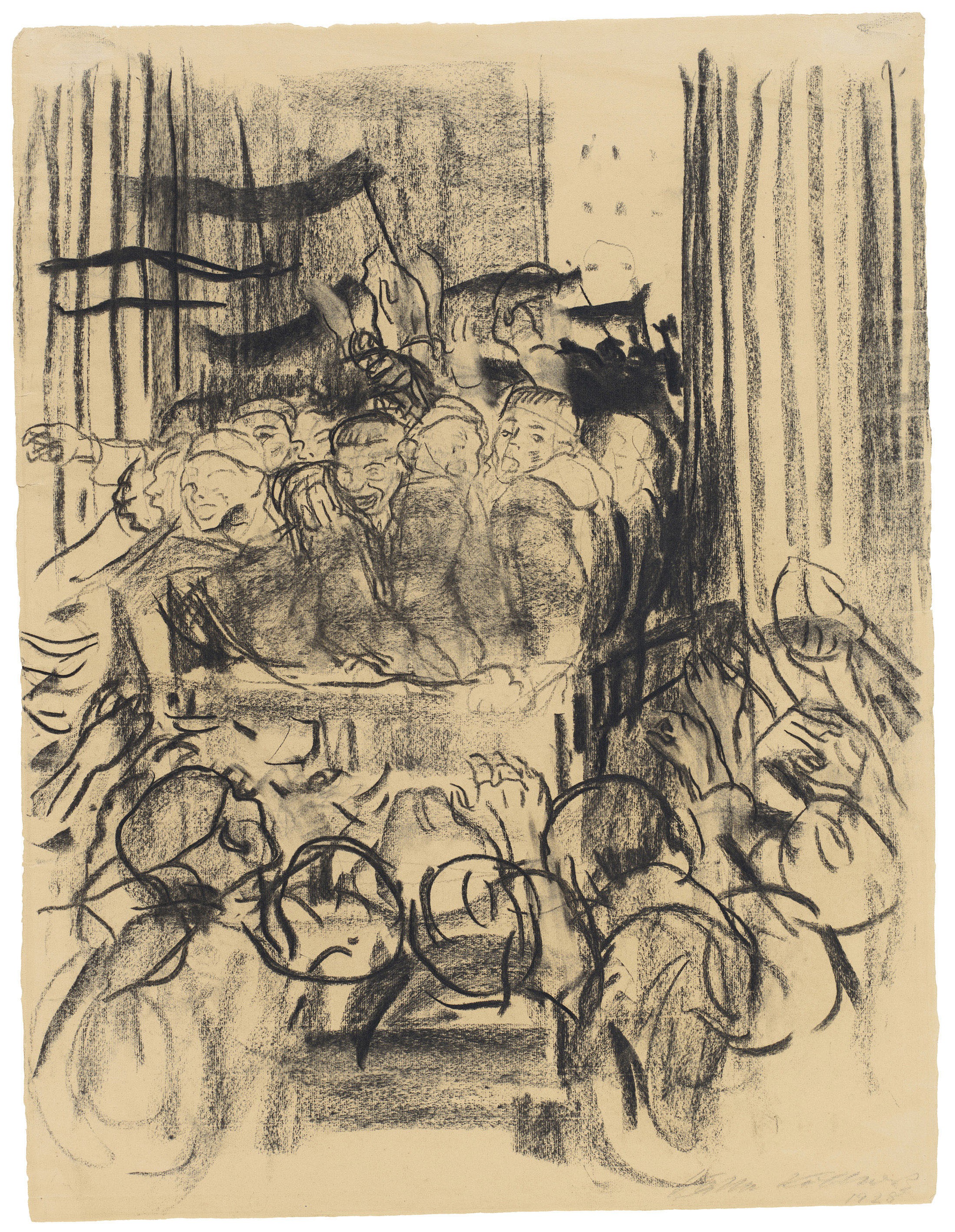 Käthe Kollwitz, Revolution 1918, 1928, charcoal, stumped, on Ingres laid paper NT 1163, Kollwitz Museum Köln, Inv. No. 70200/87002.