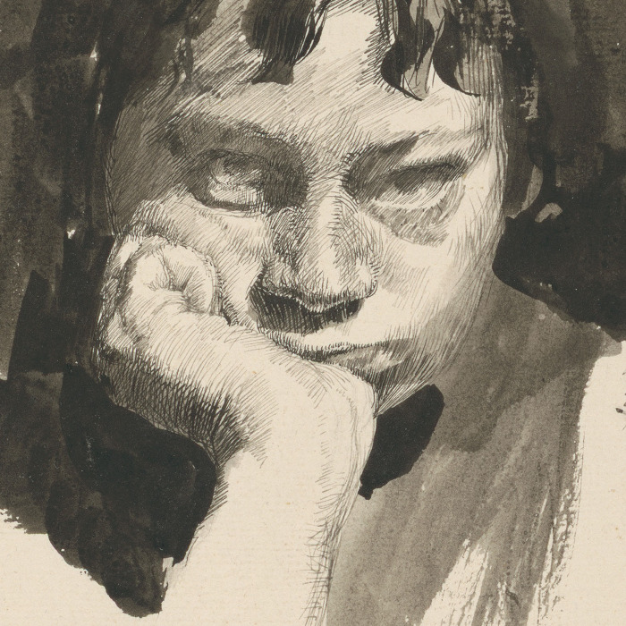 Käthe Kollwitz, Self-portrait, head supported, 1889-91, pen and ink in blackish-brown on laid paper, 200 x 163 mm, NT 25, Kollwitz Museum Köln, Inv. No. 70200/96008.