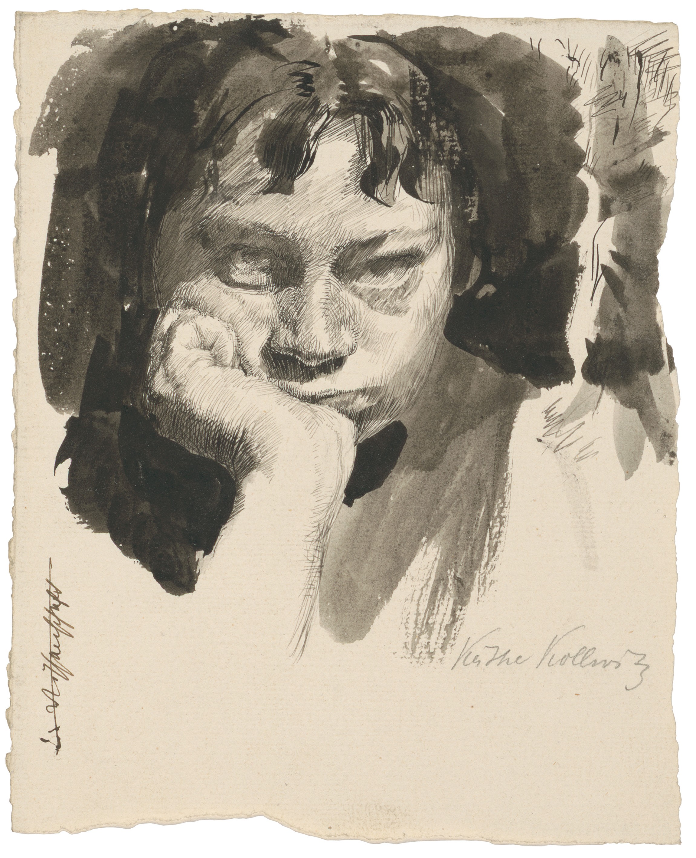 Käthe Kollwitz (1867-1945), Selbstbildnis mit aufgestütztem Kopf, 1889/91, Feder und Pinsel in Sepia, auf Bütten, 200 x 163 mm, NT 25, Kollwitz Museum Köln, Inv.-Nr. 70200/96008.