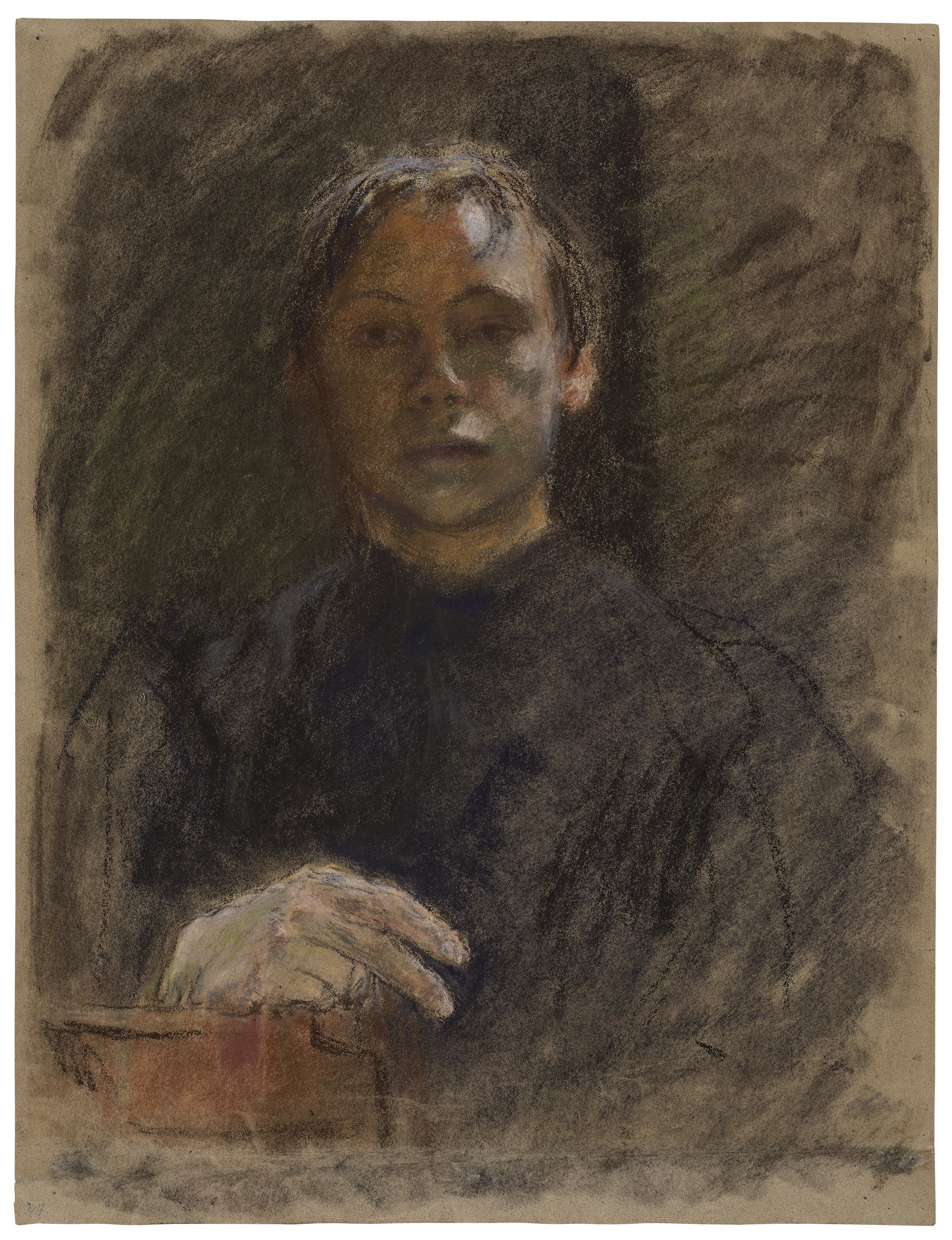 Käthe Kollwitz,  Self-portrait en face with right hand, c. 1893/94, coloured chalk on olive-brown paper, 633 x 488 mm, NT 168. Kollwitz Museum Köln, on permanent loan from a private collection.