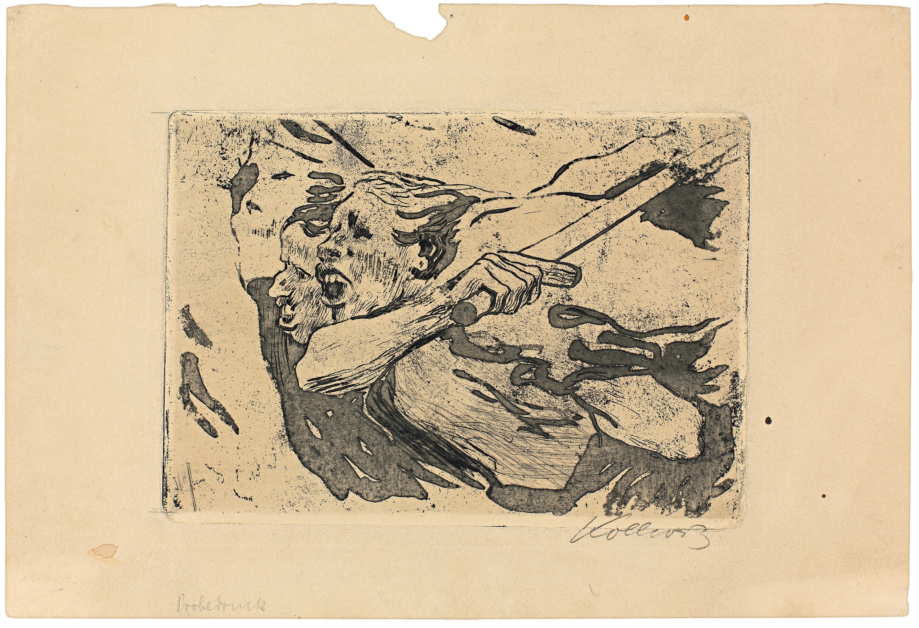 Käthe Kollwitz,  Two men charging, technical trial for sheet 5 cycle »Peasants’ War«, 1902, line etching, drypoint, reservage and sandpaper,  134 x 189 mm, Kn 69, Kollwitz Museum Köln, Inv. Nr. 70300/22003.