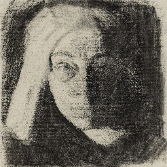 Käthe Kollwitz, Self-Portrait en face, c. 1910, charcoal on greenblue Ingres laid paper, 427 x 310 mm, NT 688, Kollwitz Museum Köln, Inv. No. 70200/95016.