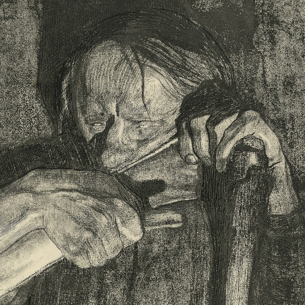 Käthe Kollwitz, Sharpening the Scythe, sheet 3 of the cycle »Peasants’ War«, 1908, line etching, drypoint, sandpaper, aquatint and soft ground with imprint of laid paper and Ziegler's transfer paper, Kn 88 X b, Kollwitz Museum Köln, Inv. Nr. 70300/23007.