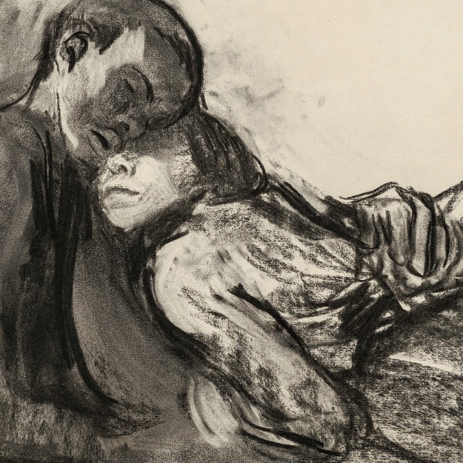 Käthe Kollwitz, Pair of Lovers, huddling against each other, 1909/1910, charcoal, blotted, on grey Ingres paper, NT 559, Kollwitz Museum Köln, Inv. Nr. 70200/ 90041.