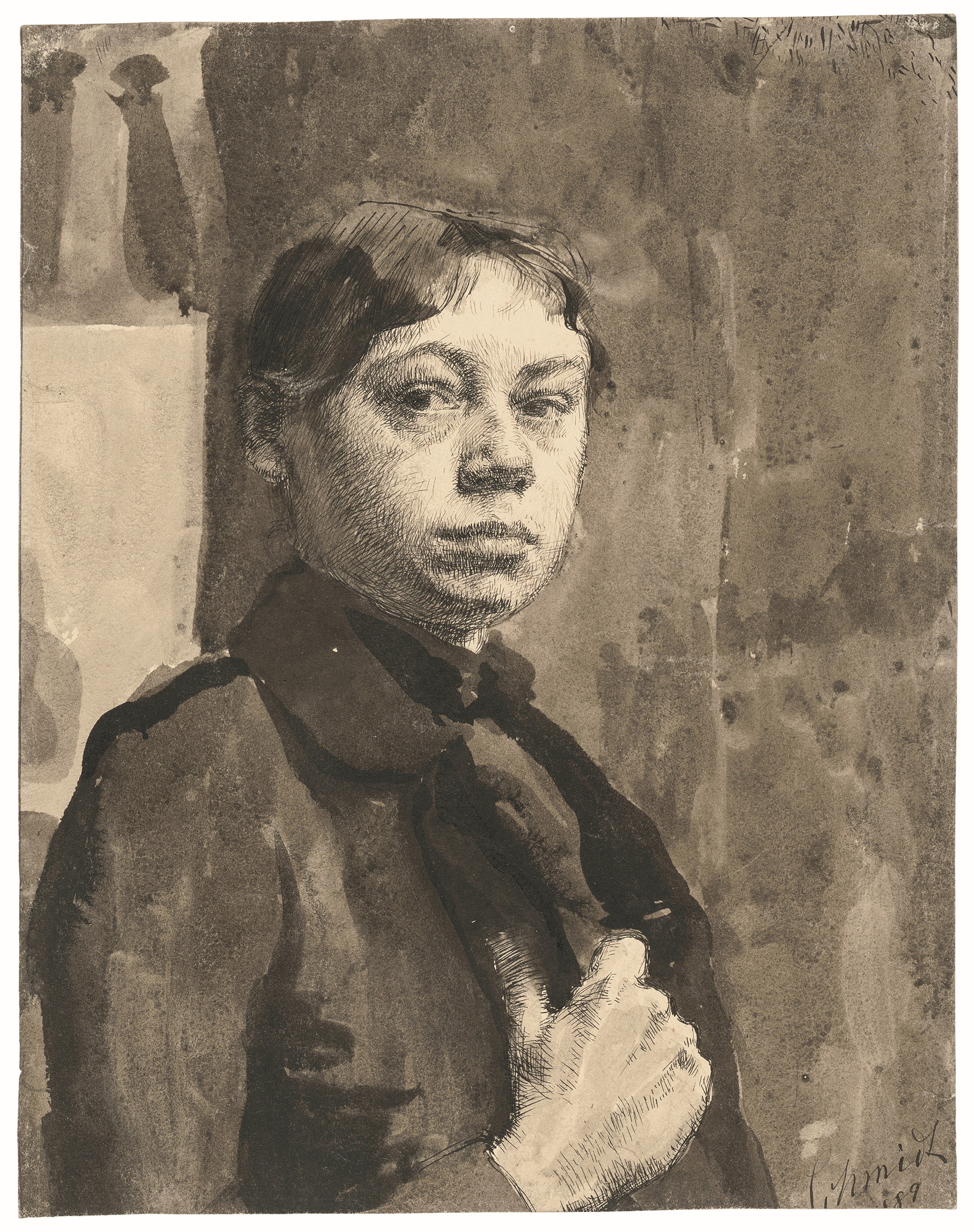 Käthe Kollwitz, Self-Portrait, 1889, pen and black ink and brush and sepia on drawing cardboard, 310 x 243 mm, NT 12, Kollwitz Museum Köln, Inv. Nr. 70200/00013.