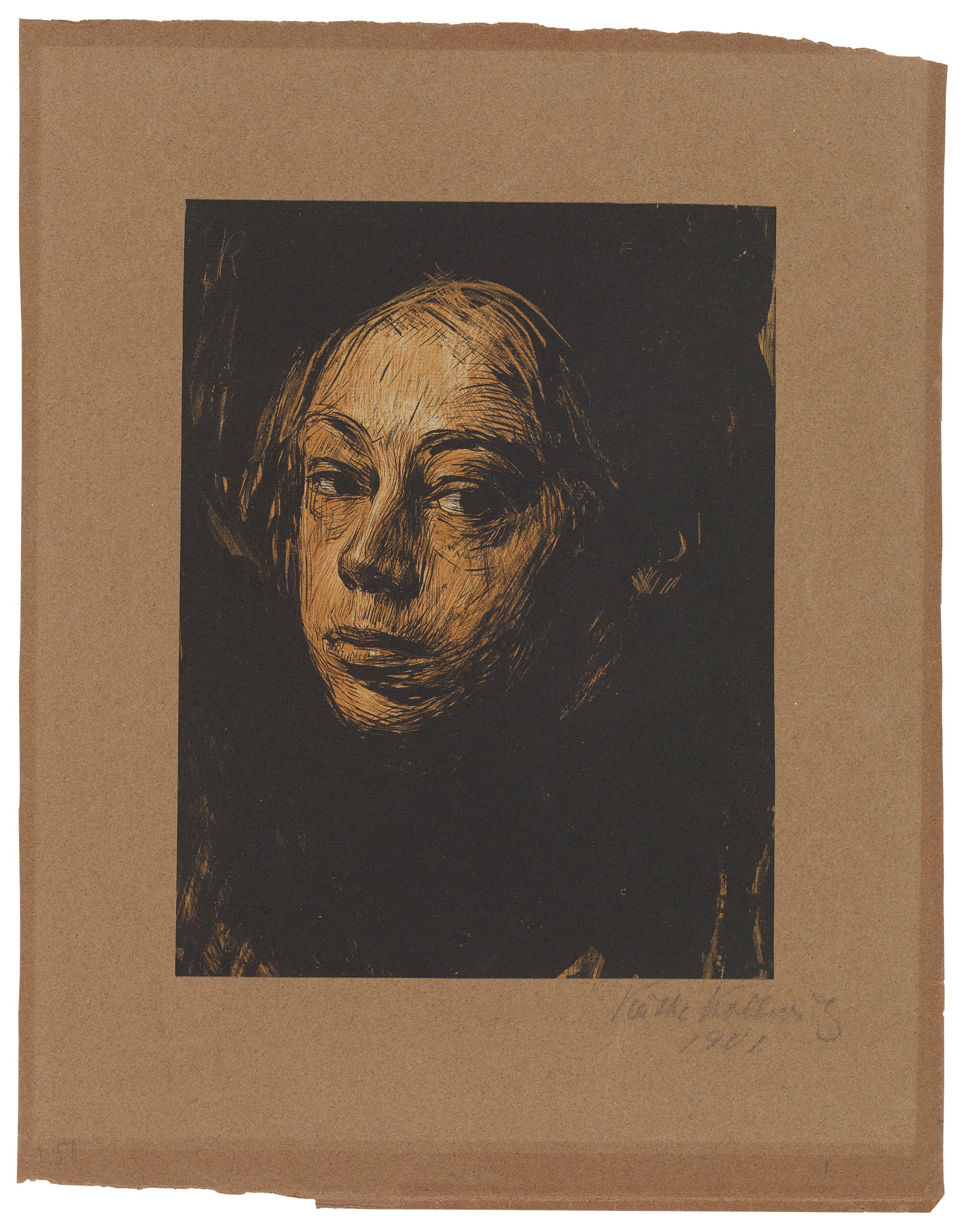 Käthe Kollwitz, Self-Portait towards the left, 1901, brush and pen lithograph in up to two colors with scratch technique in the drawing stone and in the tone stone, printed in brown, 271 x 205 mm, Kn 52 I, Kollwitz Museum Köln, Inv. Nr. 70300/91004.