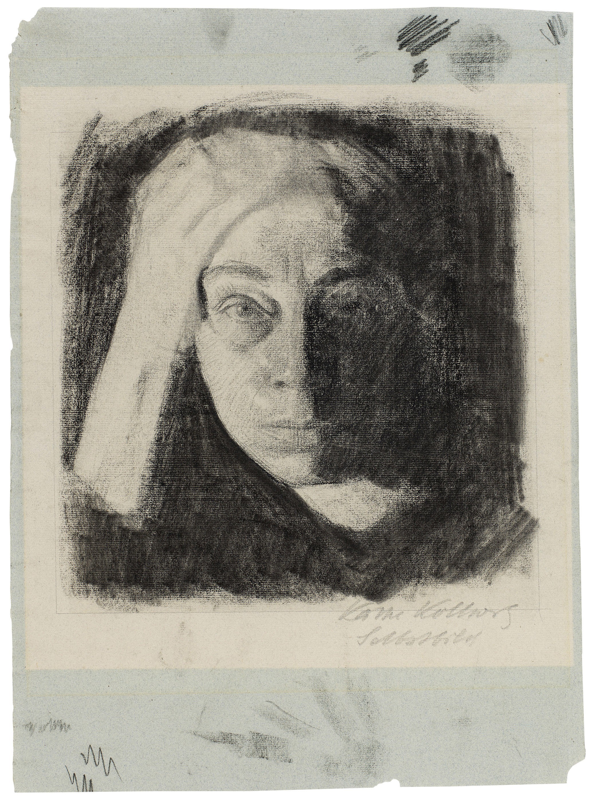 Käthe Kollwitz, Self-Portrait en face, c. 1910, charcoal on greenblue Ingres laid paper, 427 x 310 mm, NT 688, Kollwitz Museum Köln, Inv. Nr. 70200/95016.