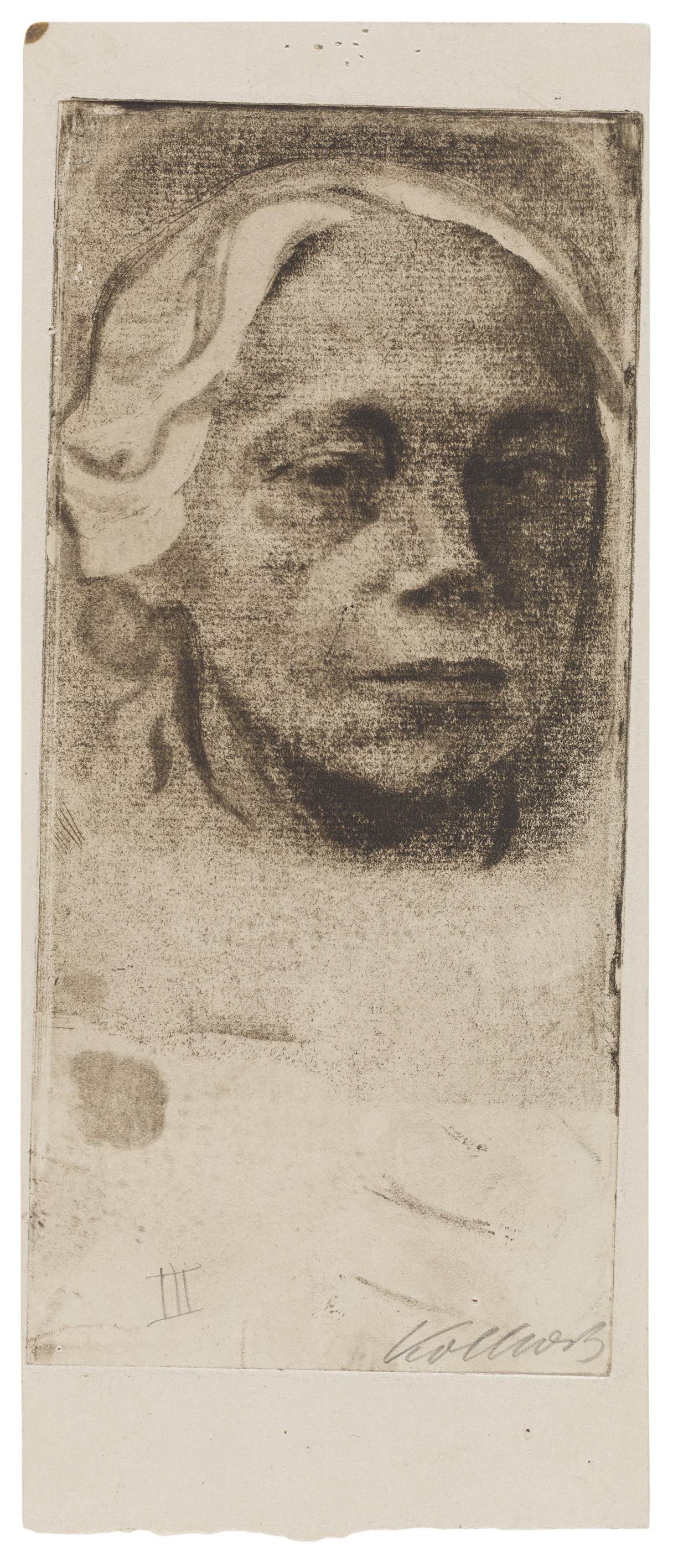 Käthe Kollwitz, Self-portrait, 1912, line etching, drypoint and soft ground with imprint of laid paper and Ziegler's transfer paper, 217 x 100 mm, Kn 126 III, Kollwitz Museum Köln, Inv. Nr. 70300/03017.