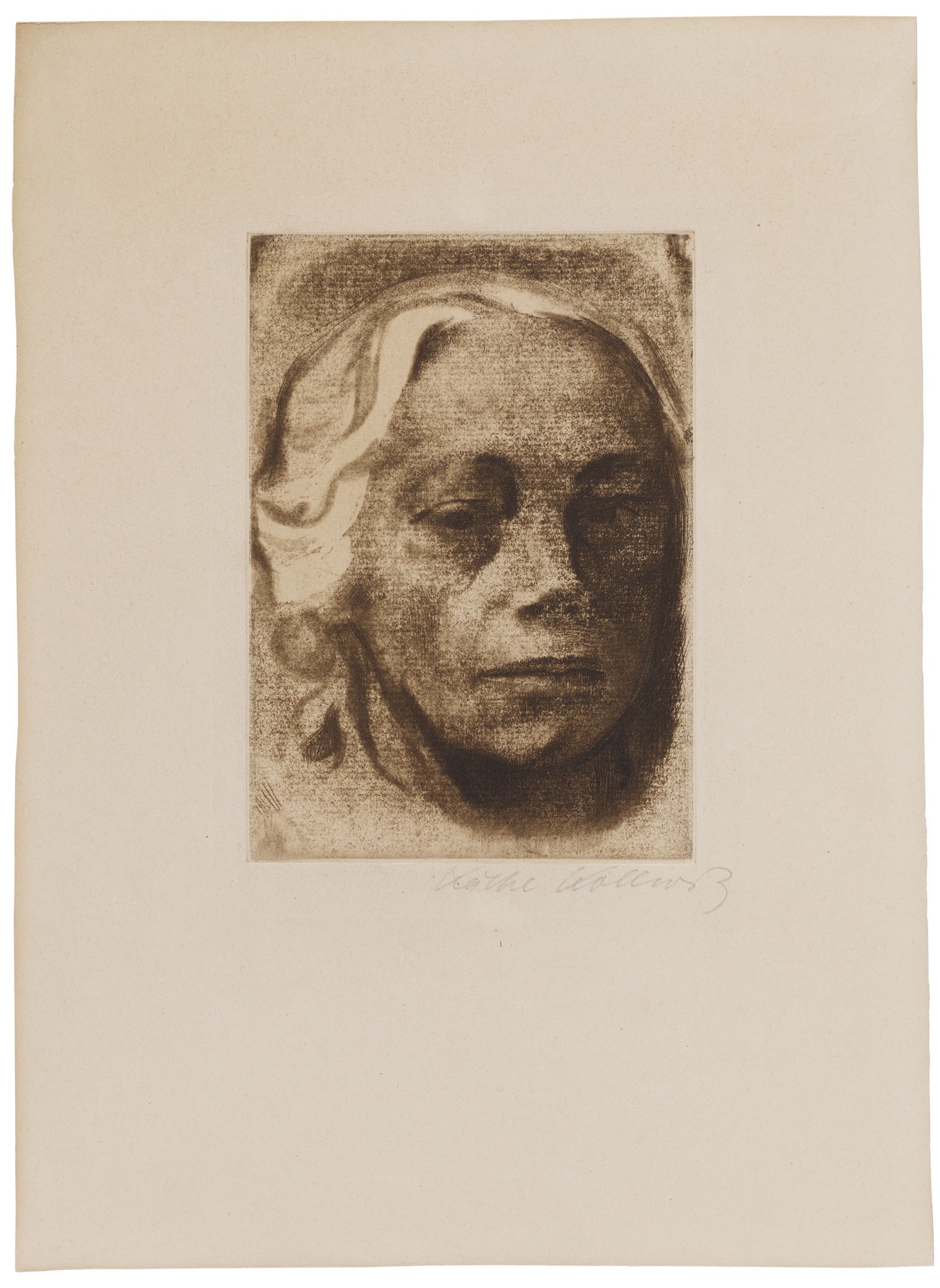 Käthe Kollwitz, Self-Portrait, 1912, line etching, drypoint and soft ground with imprint of laid paper and Ziegler's transfer paper, 140 x 100 mm, Kn 126 VII b 2, Kollwitz Museum Köln, Inv. Nr. 70300/84024.
