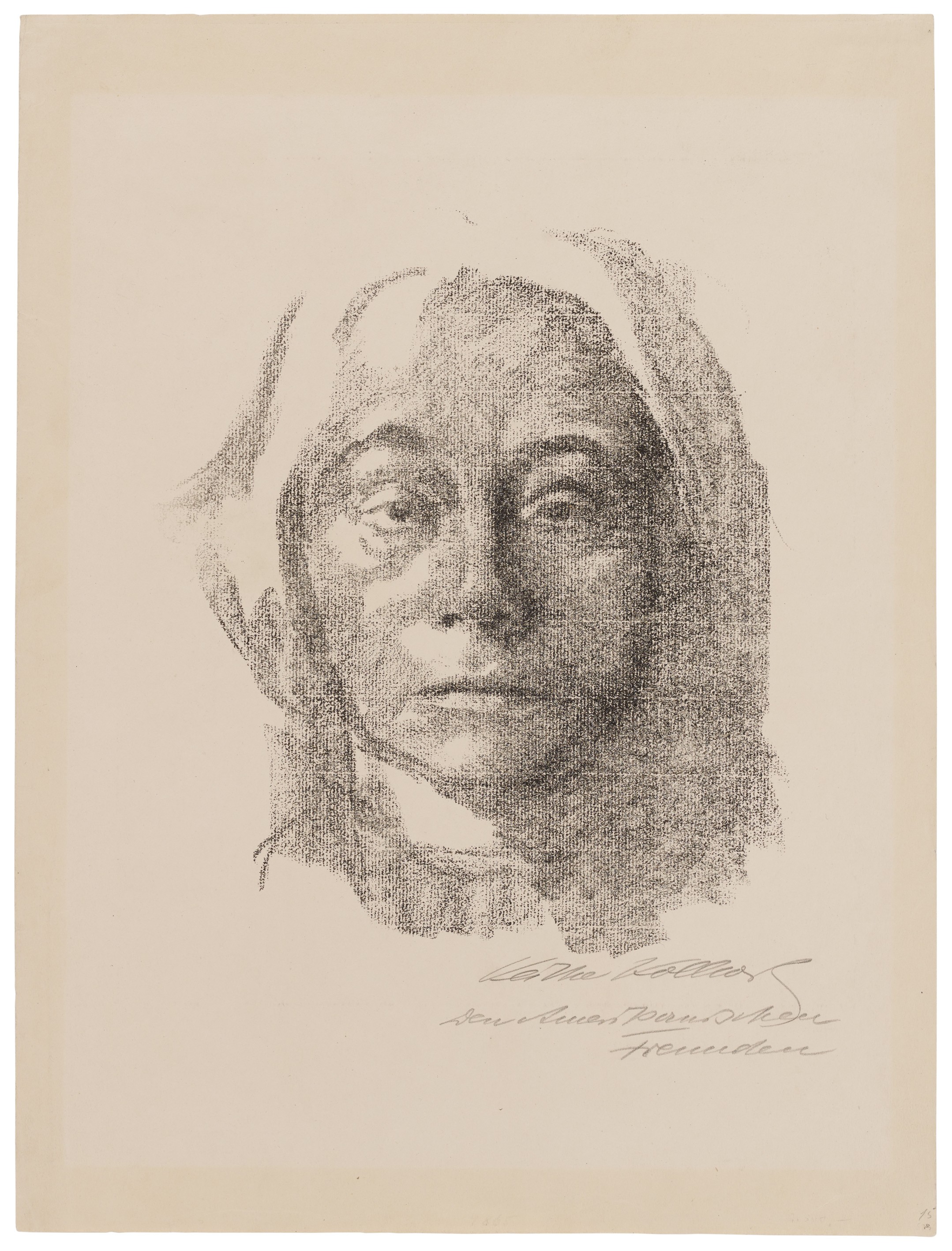 Käthe Kollwitz, Self-Portrait, 1915, crayon lithograph (transfer), Kn 134 c, 272 x 238 mm, Kn 134 e, Kollwitz Museum Köln, Inv. Nr. 70300/86028.