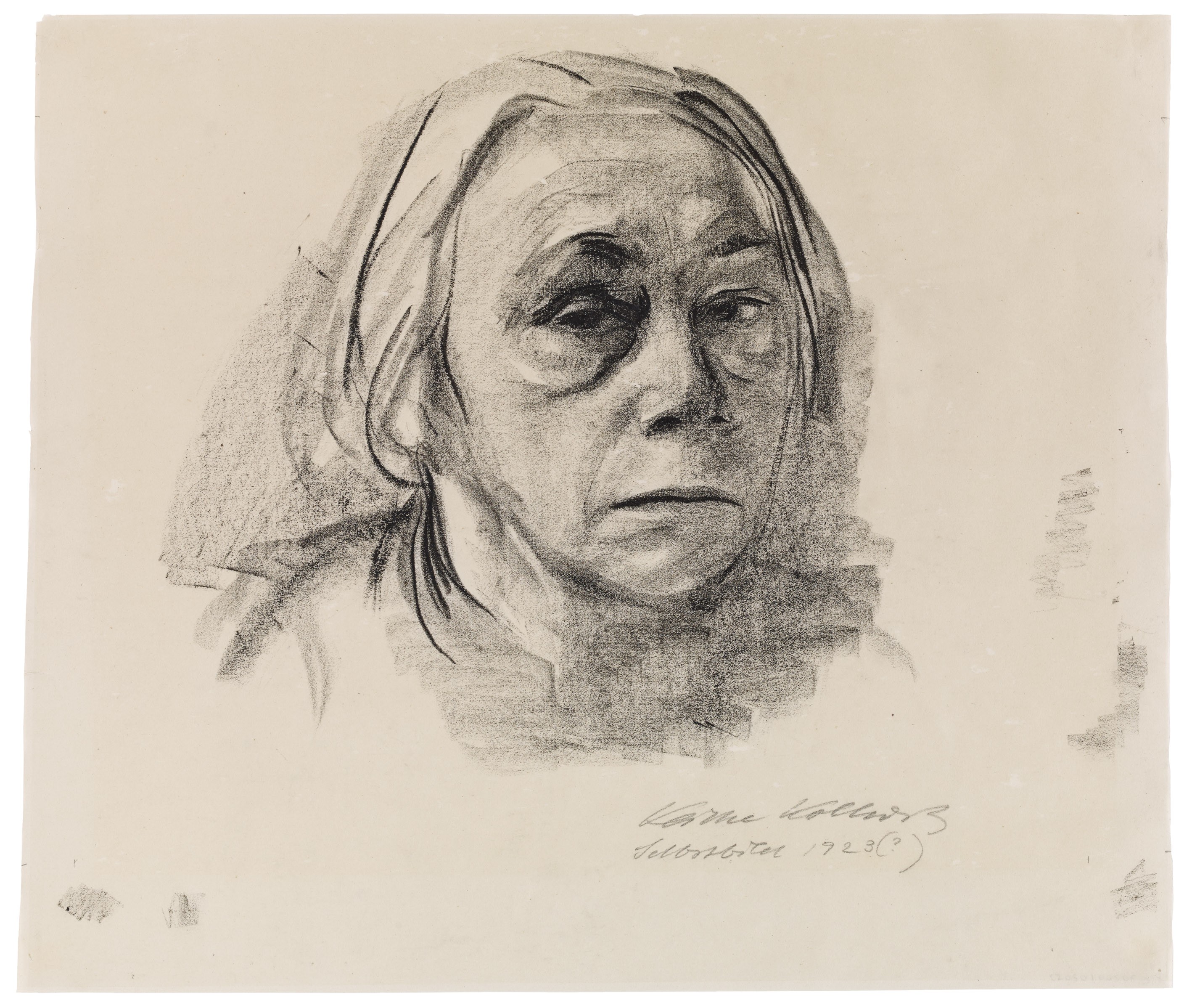 Käthe Kollwitz, Self-portrait en face, 1923, charcoal on tracing paper, 378 x 447 mm, NT 988, Kollwitz Museum Köln, Inv. Nr. 70200/02053.